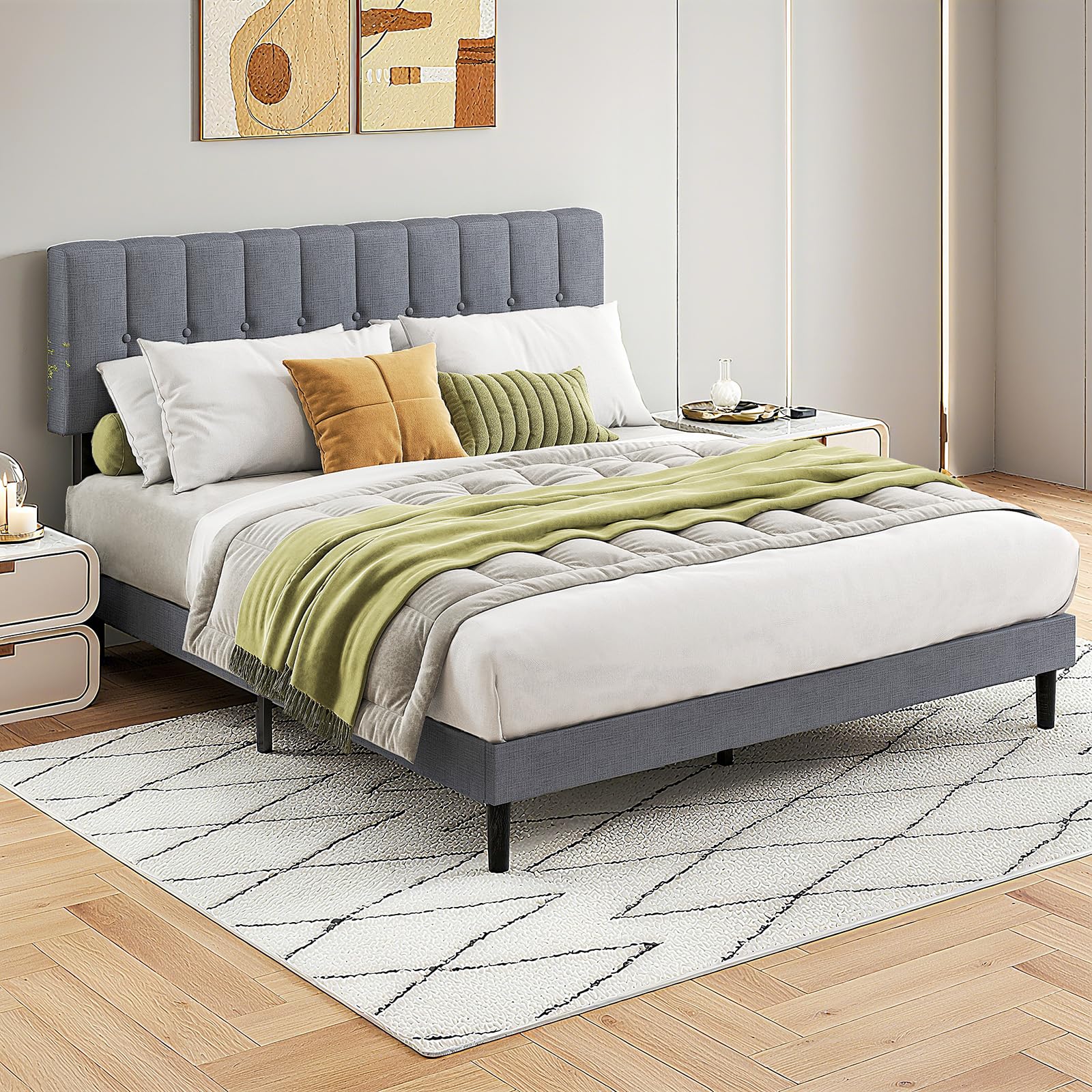 NEWBULIG Queen Size Bed Frame - Fabric Upholstered Platform Bed with Headboard, 800LBS Sturdy Wooden Slats Support, No Box Spring Needed, Noise Free, Easy Assembly, Grey