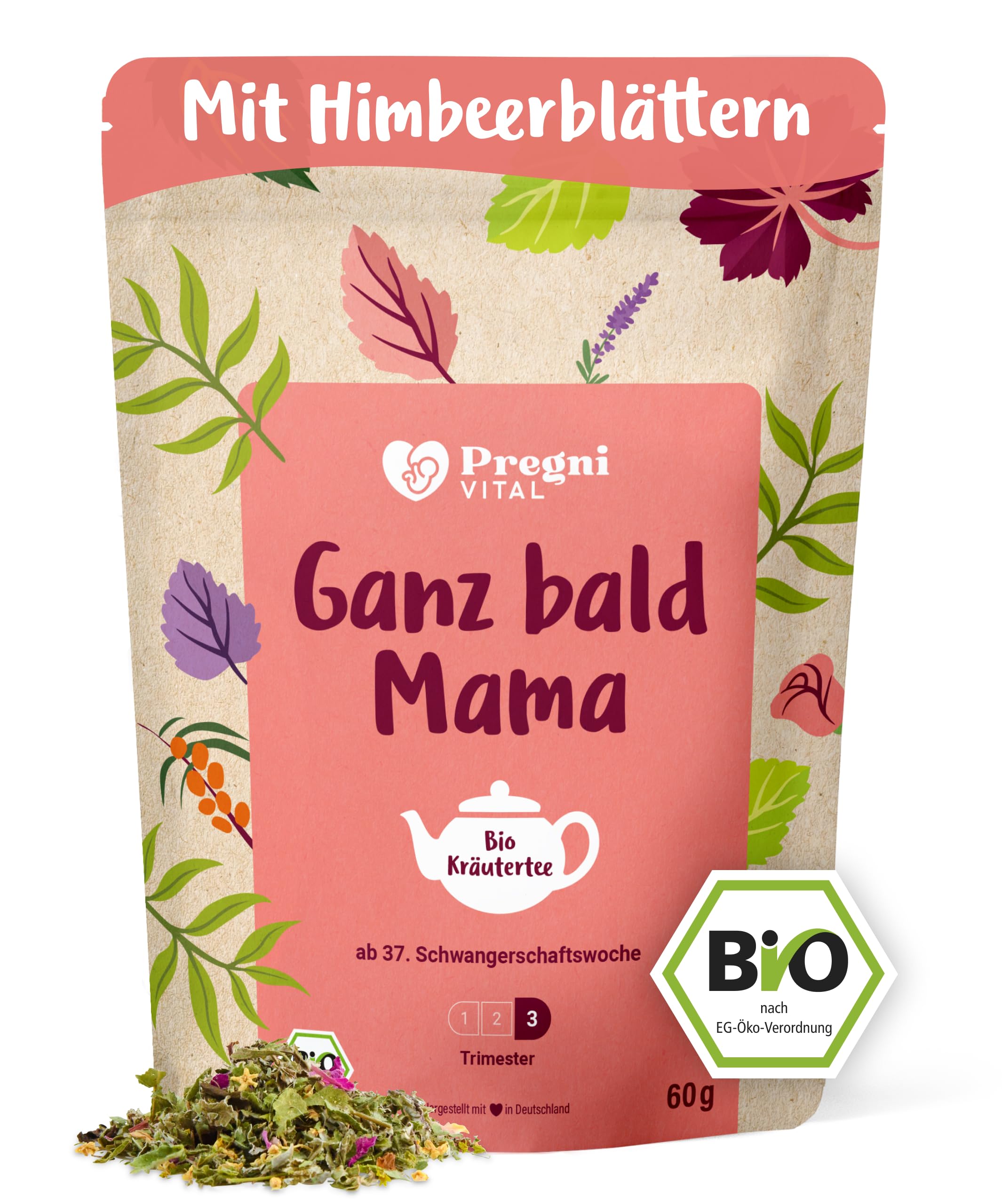 PregniVITAL Ganz Bald Mama – 100% BIO Schwangerschaftstee ab 37. SSW – Himbeerblättertee Schwangerschaft mit Frauenmantel – traditioneller Kräutertee für das Ende des 3. Trimester