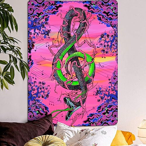 Uspring Tapiz de luz negra, tapiz vertical rosa, hippie de serpiente, tapiz japonés bohemio para colgar en la pared, tapiz de música UV para
