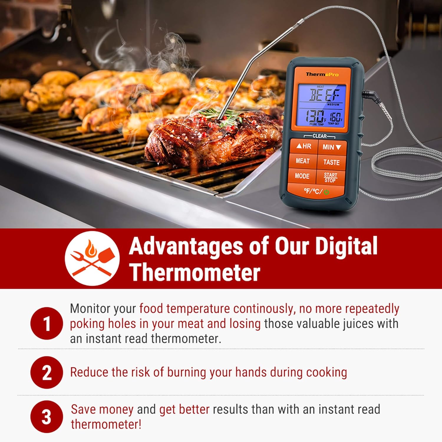 ThermoPro TP06S Thermometer on grill with advantages listed