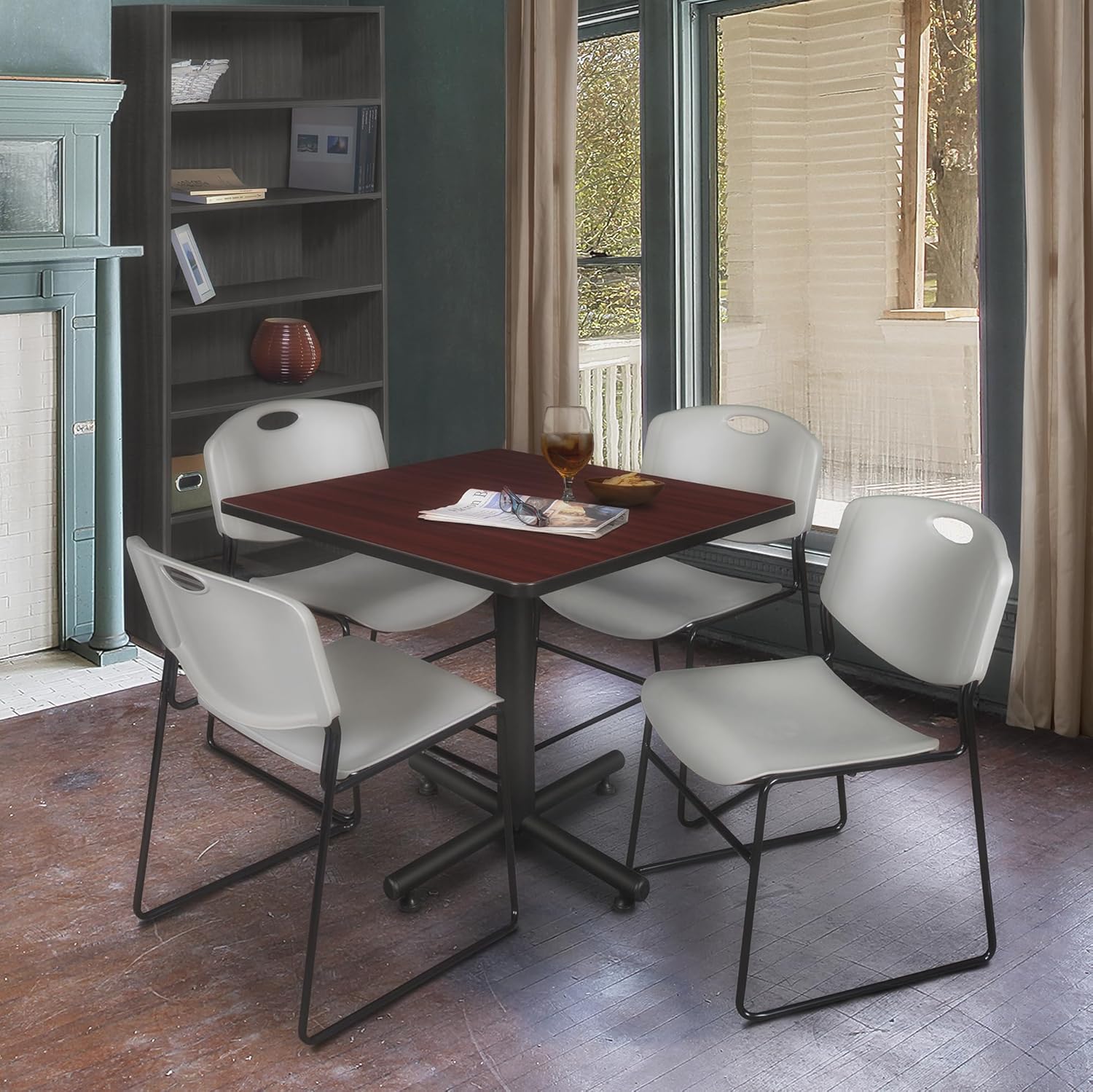 Regency Kobe 42 in. Square X-Base Breakroom Table- Mahogany, 4 Zeng Stack Chairs- Grey