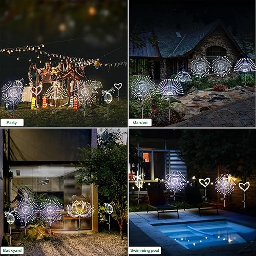 Miniatura 5 de Luces solares de jardín para exteriores, paquete de 2 120 luces LED de estaca de fuegos artificiales, impermeables, luces solares exteriores para