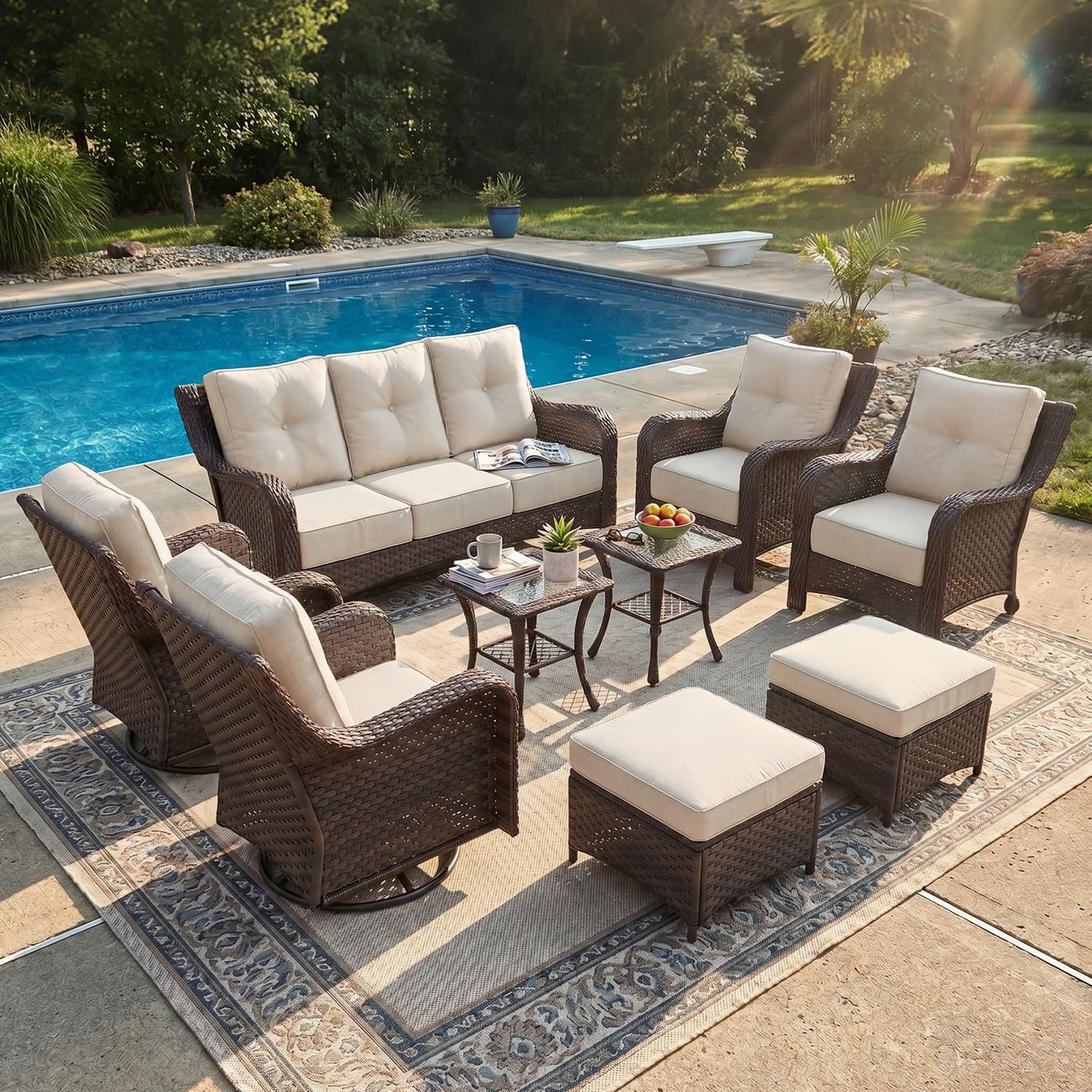 LayinSun 9 Piece Wicker Outdoor Furniture Set with 6-inch Comfy Cushions