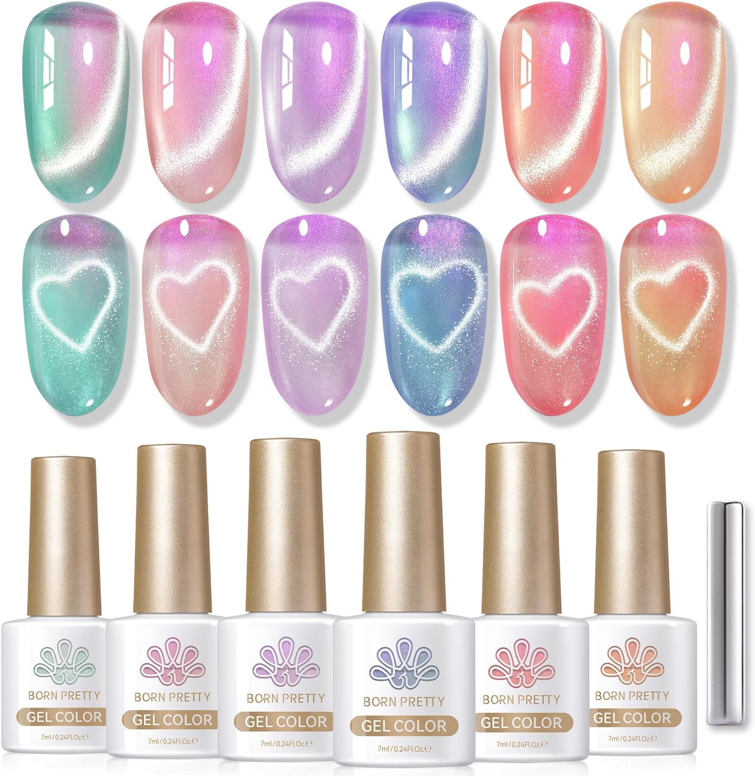 Born Pretty Magnetic Gel Nail Polish Set,Pastel Coral Sea Magnetic Eye Gel Jelly Glass Crystal Magnetic Gel Polish Nail Art Manicure Kit 6PCS