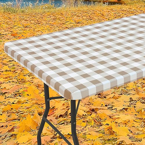 Miniatura 1 de smiry Mantel rectangular, fundas de vinilo ajustables elásticas impermeables para mesas de 6 pies, mantel de franela a cuadros para picnic,