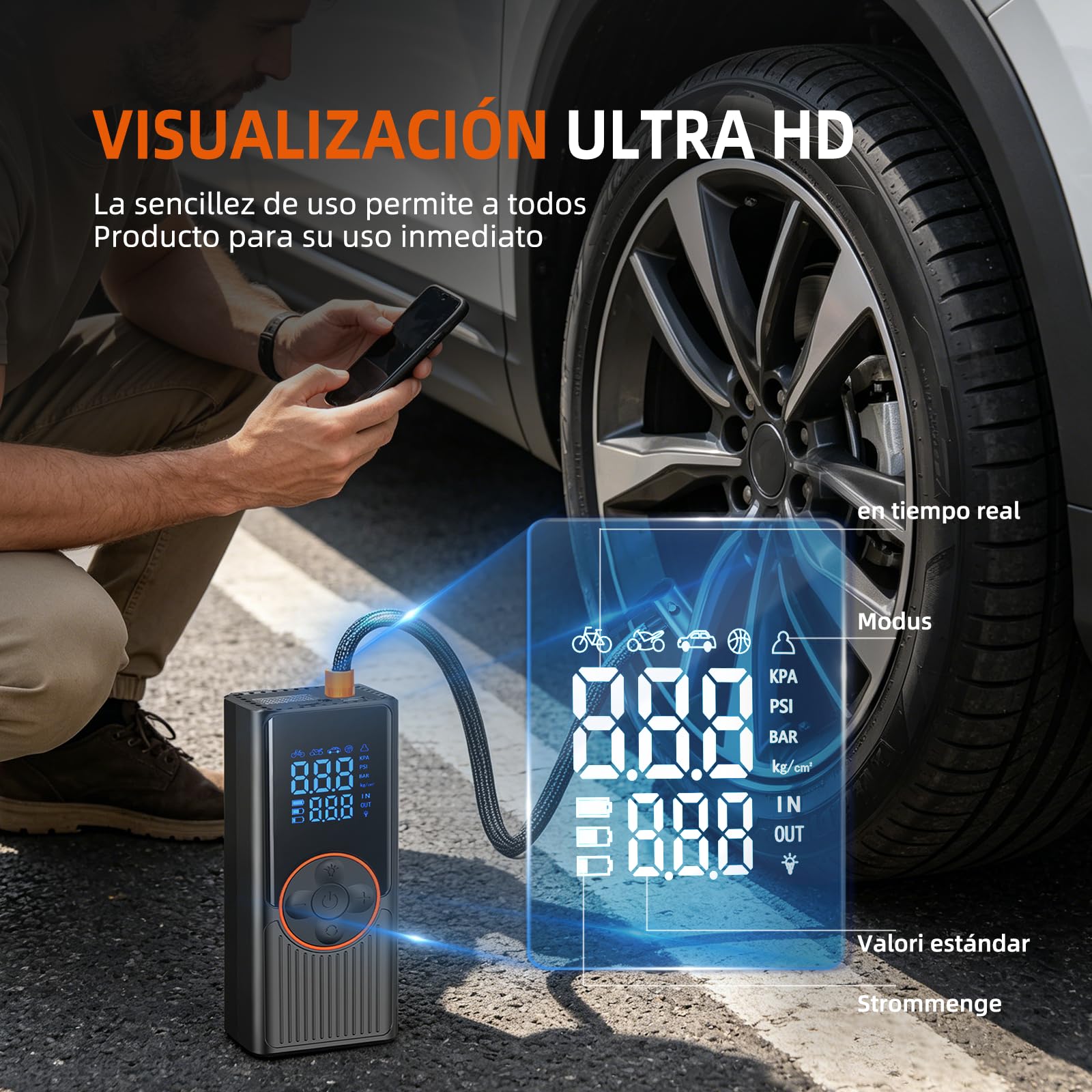 Compresor Aire Portátil 8000mAh, 150PSI Inflador Ruedas Coche, Inflador Eléctrico con Doble Alimentación Recargable, Pantalla Digital y Luz LED, Apagado Automático, para Coche, Moto, Bicicleta, Pelota