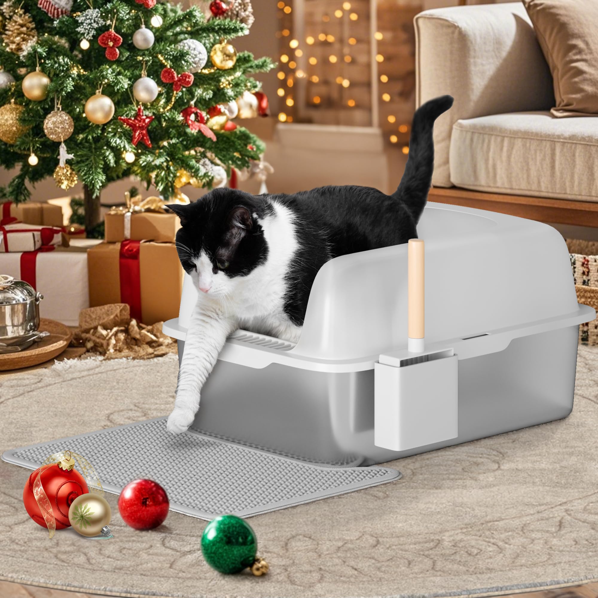 YITAHOME Edelstahl Katzenklo 30L XXL Extra Groß Katzentoilette- rutschfeste Hochwand | Anti-Streu-Fußmatte | Leicht zu Reinigende Antihaft-Oberfläche | 60x40x30cm (Grau)