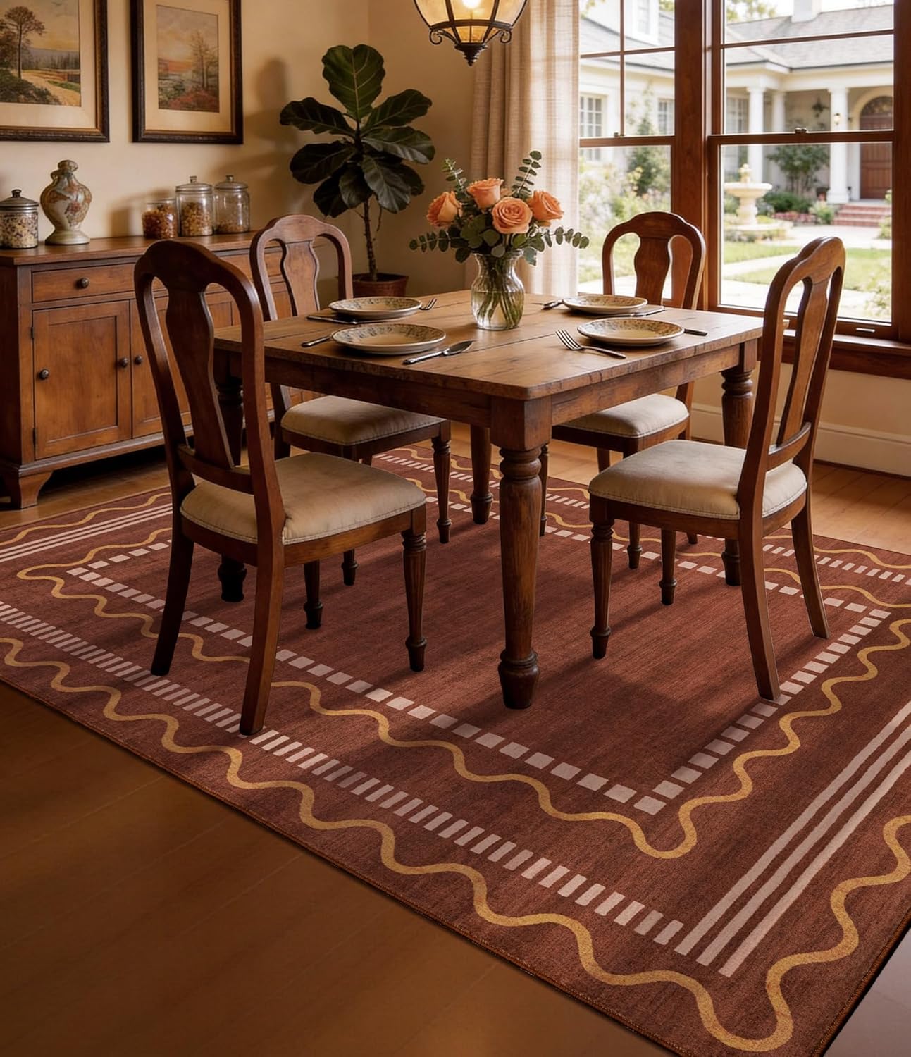 YIHOUSE Burnt Orange Scalloped Bedroom Rugs 5x7, Non-Slip Washable Farmhouse Border Rug for Living Room, Low-Pile Indoor Carpets, Stain-Resistant Vintage Rusty Rugs for Dining Room, Office