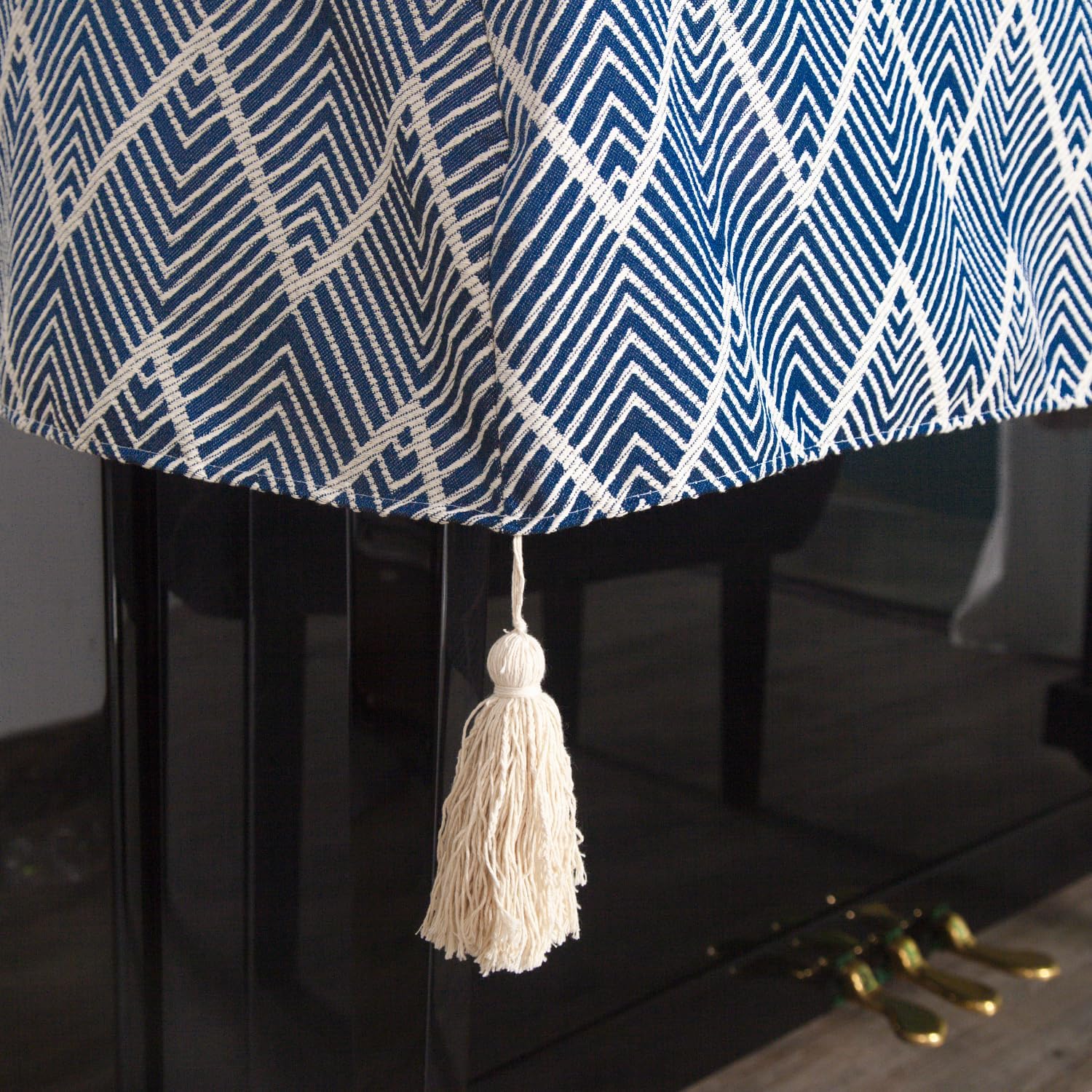 Upright Piano Dust Cover, 118-126cm, Navy Geometric Pattern, Waterproof Half Cover with Tassels