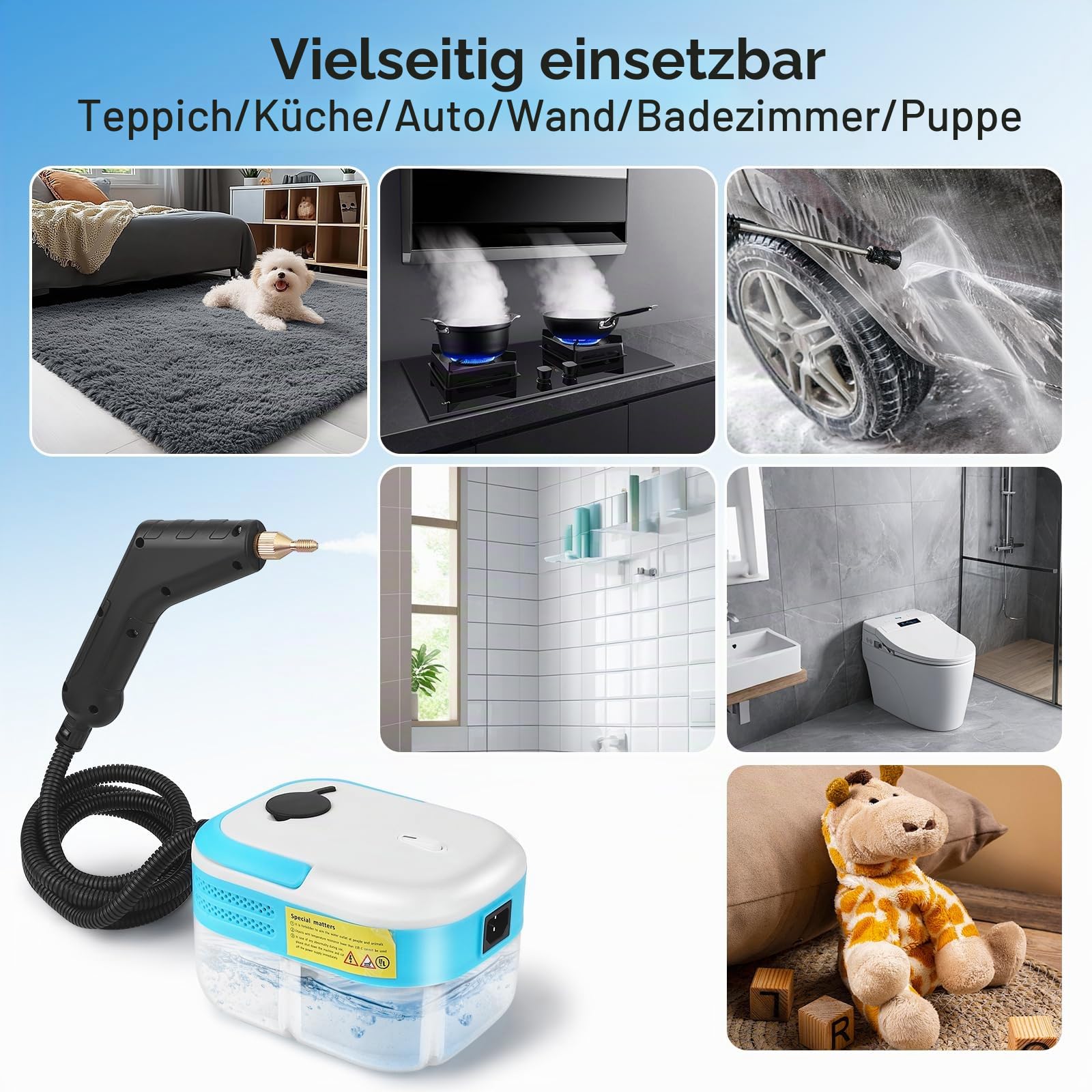 Handdampfreiniger 7-in-1, 1500W | 1,2L Wassertank für Küche & Bad | Hochdruck-Dampfgarer (3BAR) gegen Fett, Schimmel & Kalk | Inkl. Zubehör für Polster, Fliesen, Auto