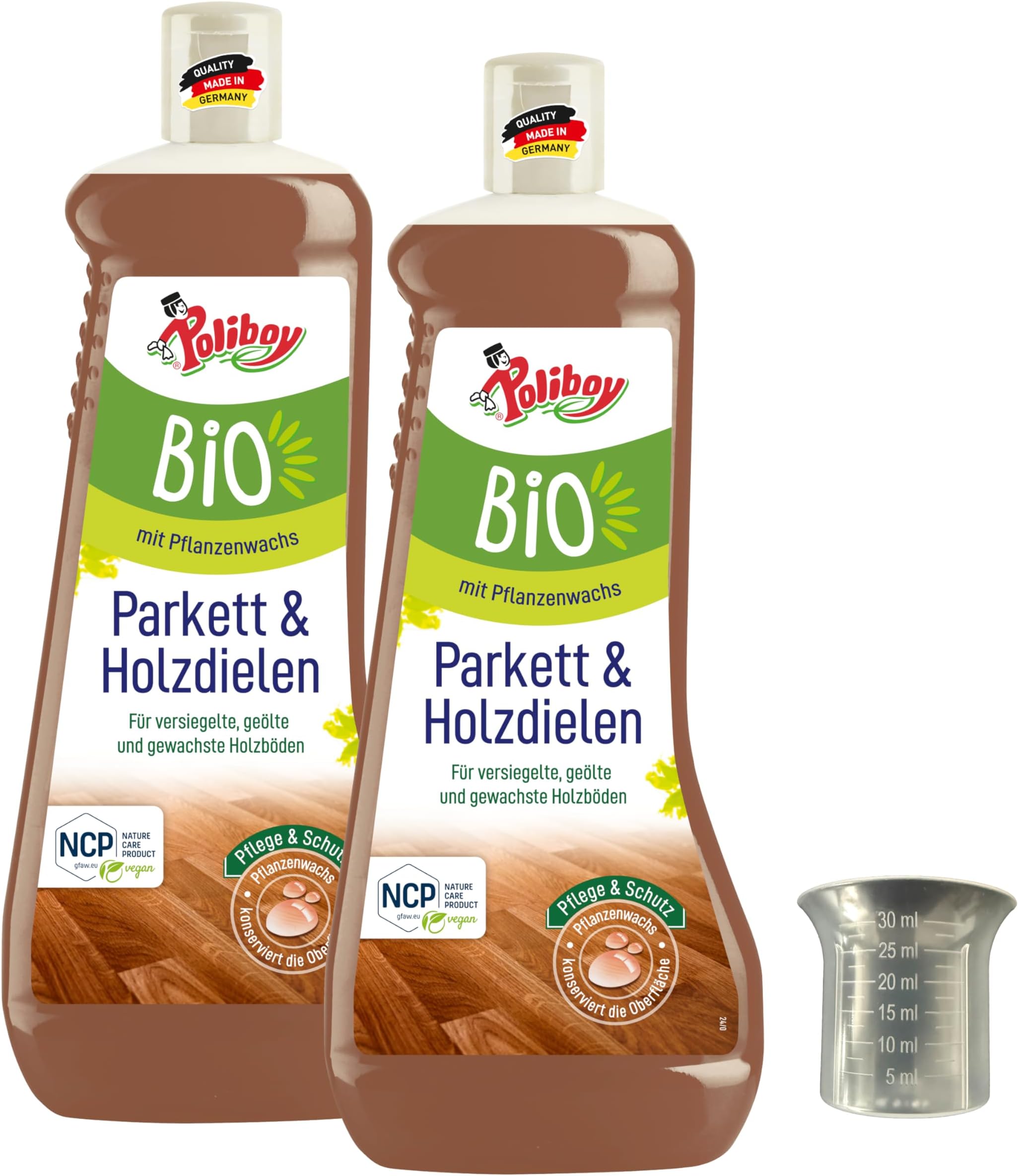 Parquet and Wooden Flooring Care - Floor Cleaner for Real Wood Floors - Parquet Cleaner with Plant Wax for Floor Care - 2 x 1 L - Includes Dosing Cup - Made in Germany