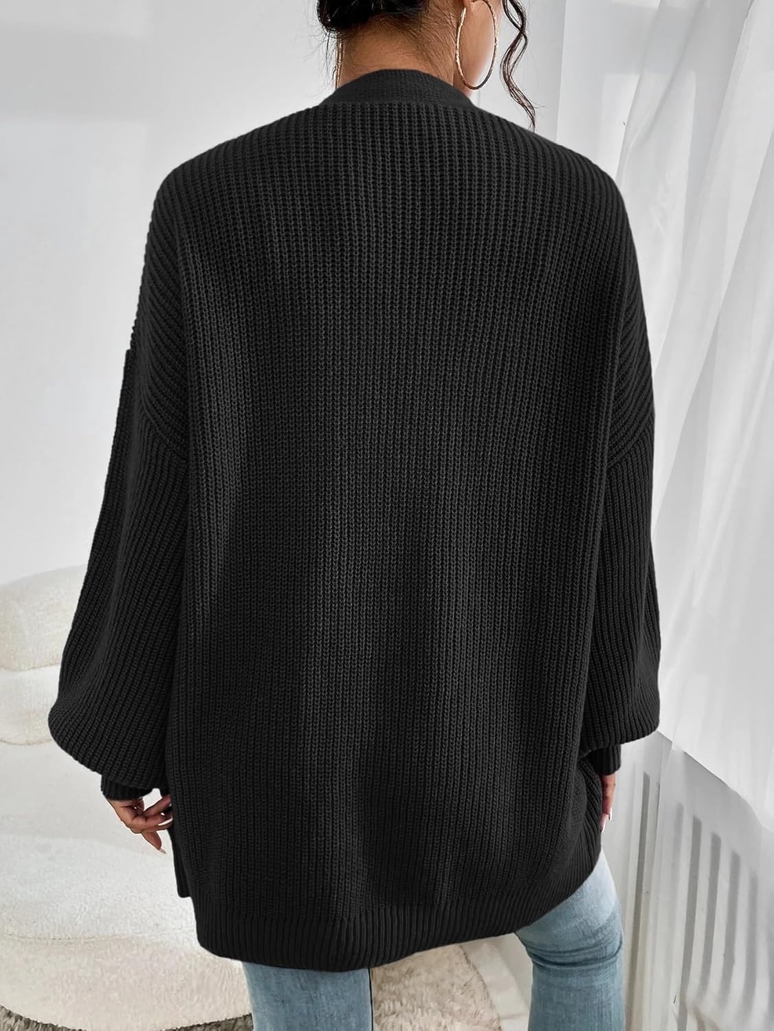 Women's Trench Coat Casual Bishop Sleeve Drop Shoulder Ribbed Knit Cardigan Long Sleeve Classic Overcoat