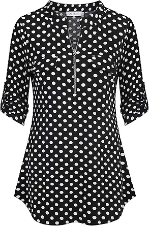 Ninedaily Women's 3/4 Sleeve Plaid Shirts Zip Floral Casual Tunic Blouse Tops