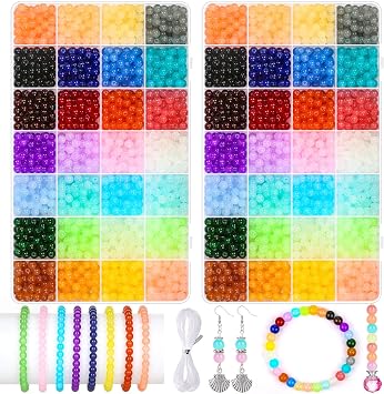 ROADPLUM 2800 Pcs Round Glass Beads for Jewelry Making Bracelets, 28 Colors 6mm Crystal Beads for Bracelet Making in 2 Box and 1 Roll Elastic String for Adults