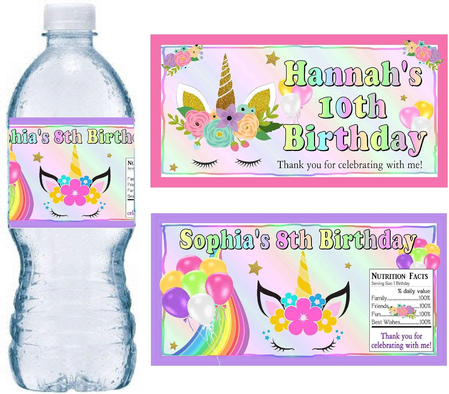 20 RAINBOW UNICORN BIRTHDAY PARTY FAVORS PERSONALIZED WATER BOTTLE LABELS - WRAP HALF WAY AROUND