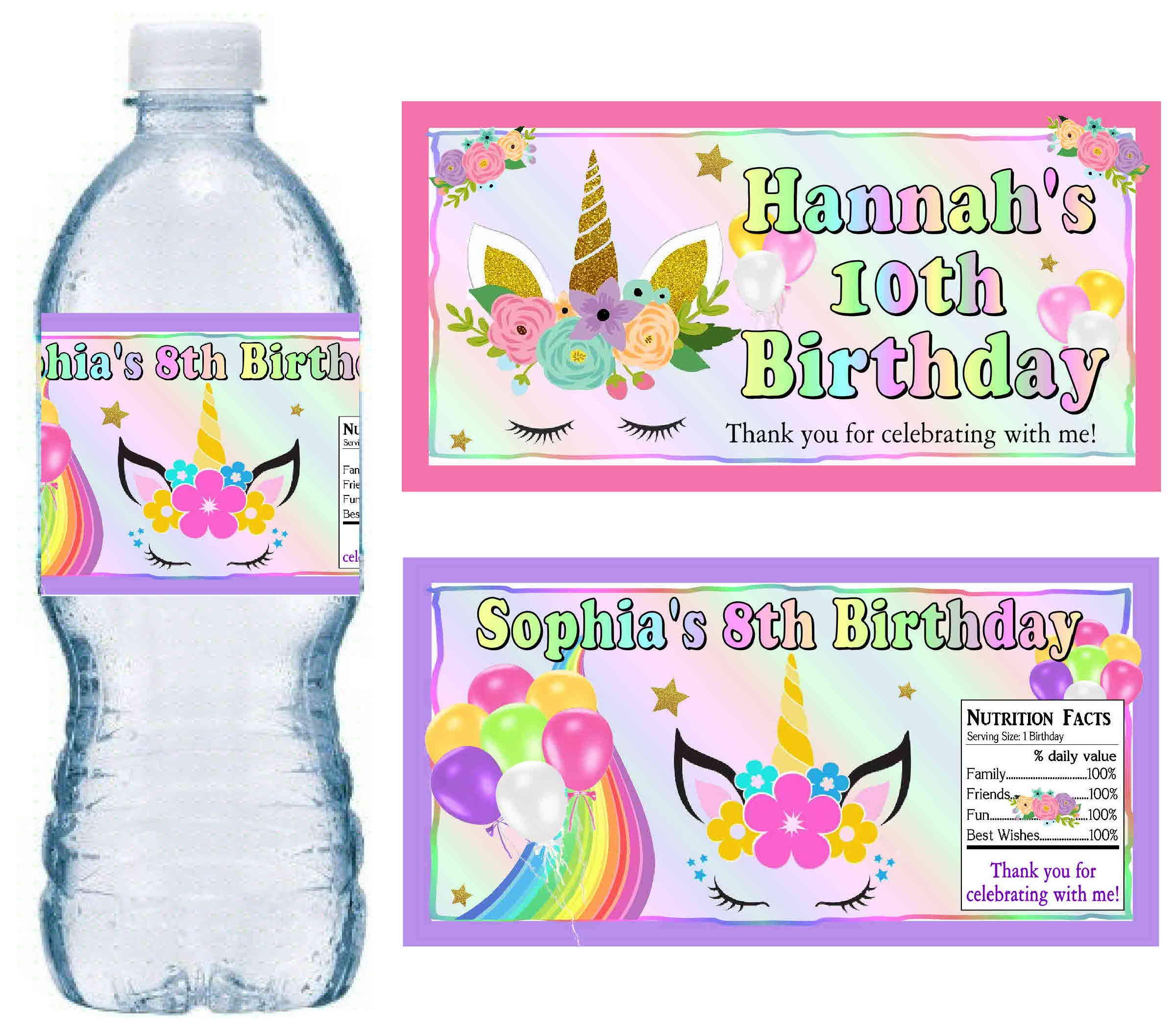 20 RAINBOW UNICORN BIRTHDAY PARTY FAVORS PERSONALIZED WATER BOTTLE LABELS - WRAP HALF WAY AROUND