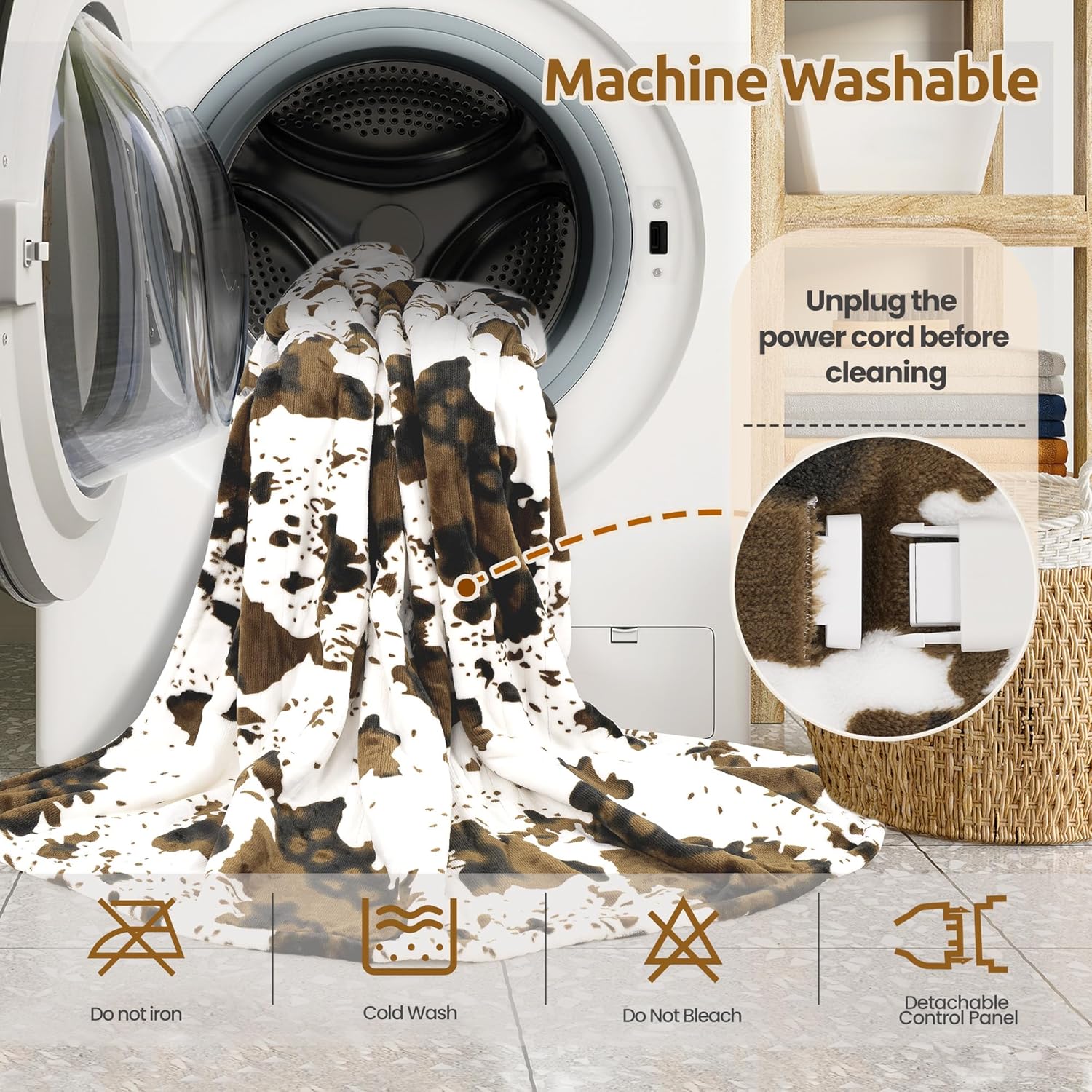 Electric Blanket Twin Size - Reversible Sherpa & Flannel, 62"× 84" Heated Throw Blanket with 6 Heat Settings & 1-12H Timer, Machine Washable, Warm Gift for Women, Brown Cow Print - Image 7
