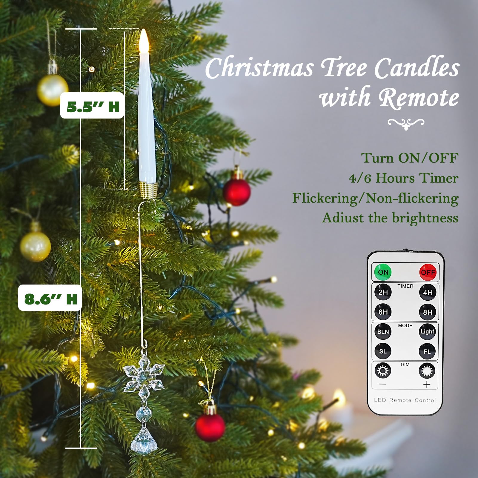 12 candele coniche natalizie a LED, a batteria, tremolanti con timer remoto, candele senza fiamma per Natale, casa, feste, regalo di compleanno, con gancio a sfera di cristallo a forma di fiocco di