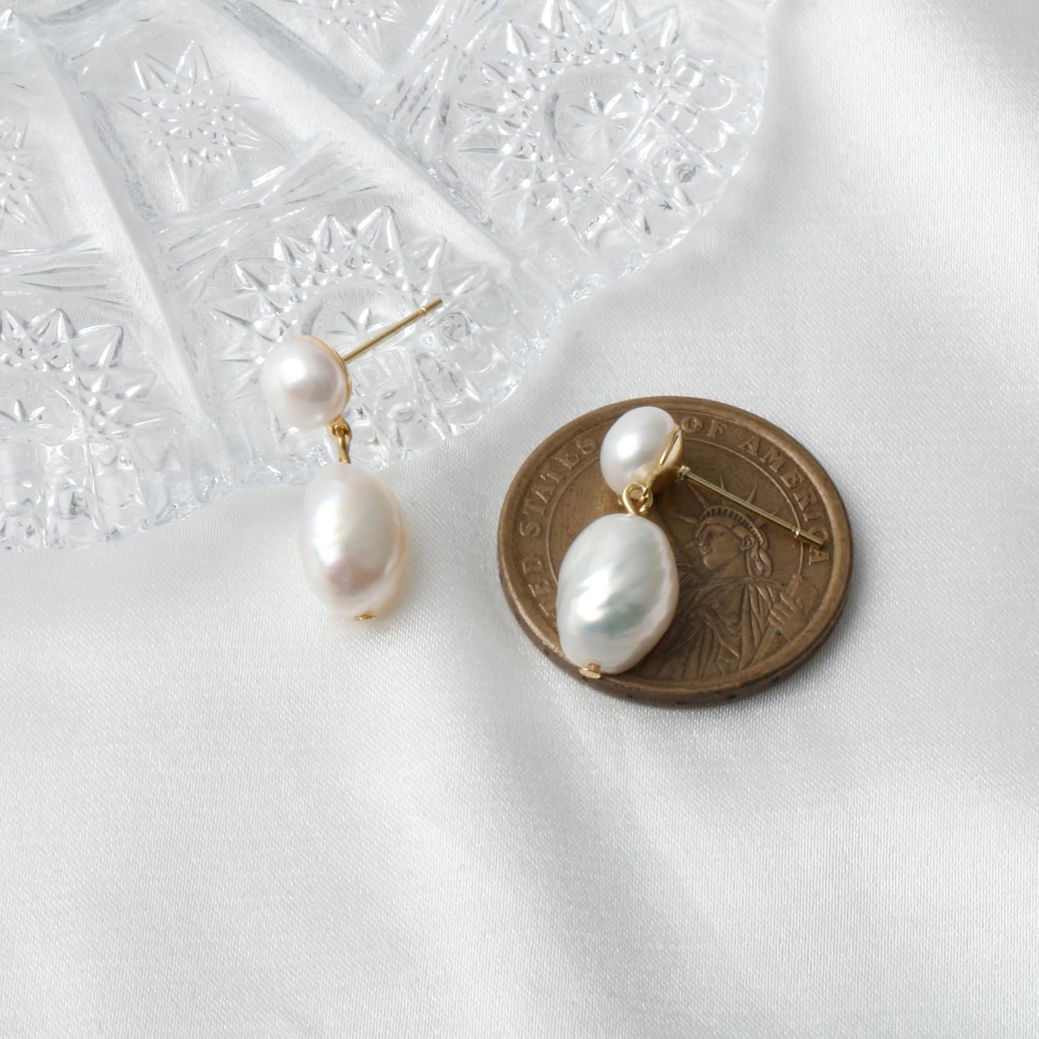 14K Gold Plated Cultured White Baroque Pearl Dangling Drop Earrings for Women Trendy - Image 3