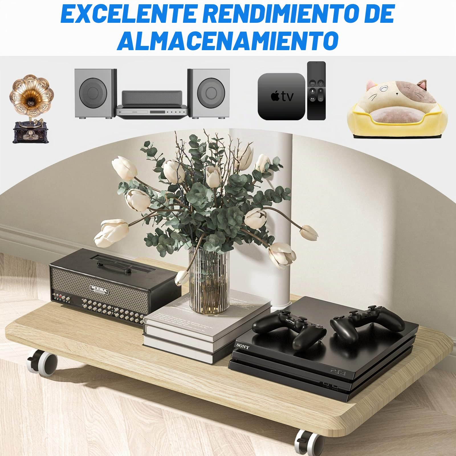 RFIVER Soporte TV con Ruedas para 26-65 Pulgadas, Pie de Suelo con 3 Baldas, Giratorio y Altura Ajustable, Hasta 35 Kg, VESA Máx 400x400mm, Blanco