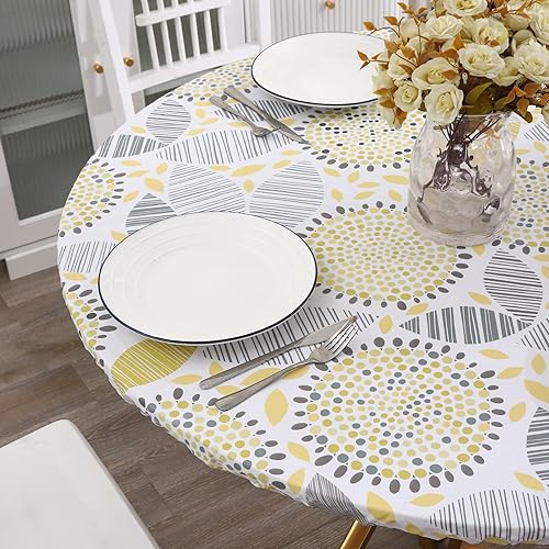 Miniatura 7 de Mantel redondo de vinilo ajustable con reverso de franela y borde elástico, impermeable, resistente a las manchas y el aceite, de cloruro de