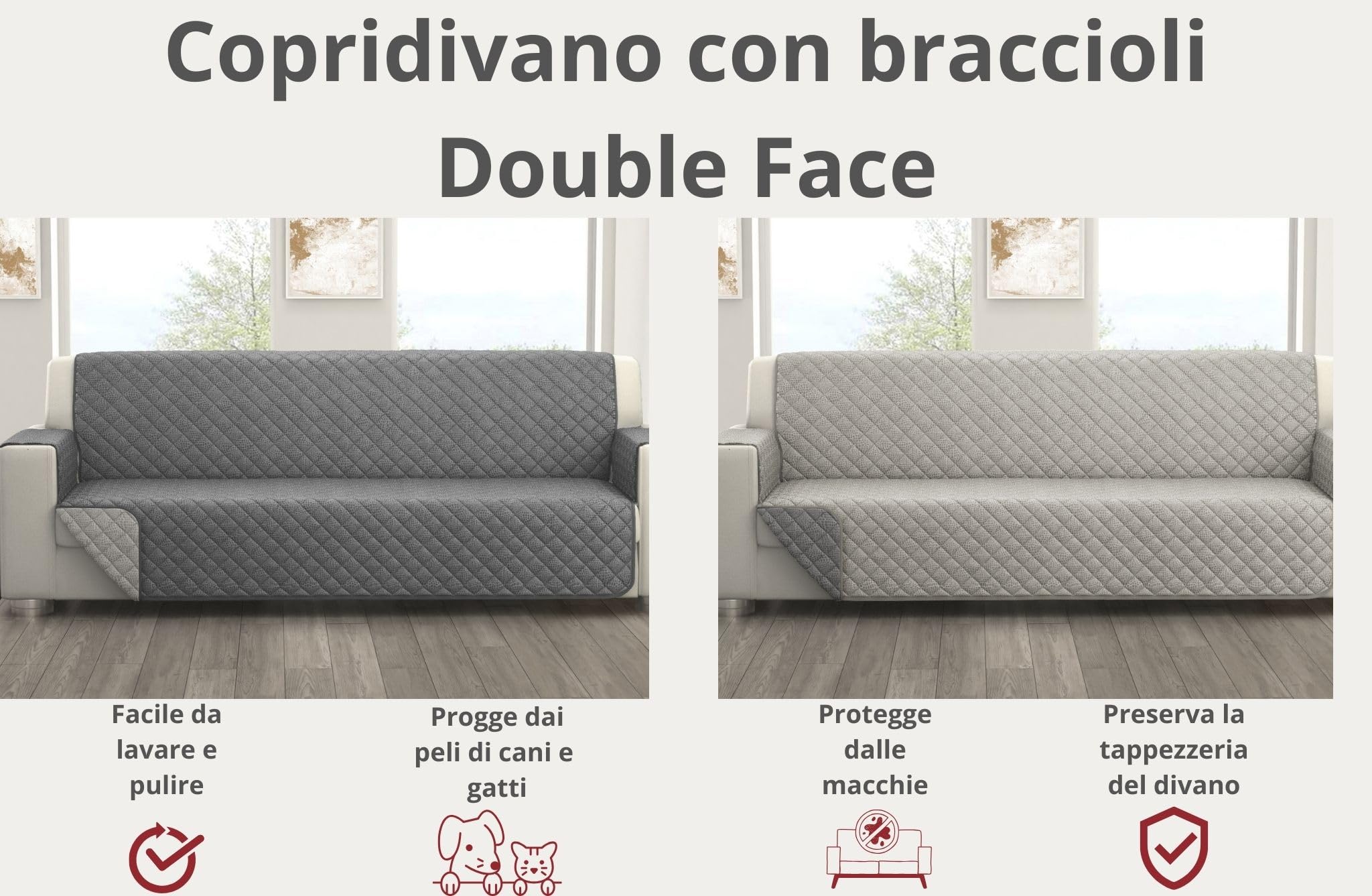LARA MORADA - Copridivano 4 Posti Salvadivano Trapuntato Double Face Protezione Antimacchia e Antigraffio per Cani e Gatti, MISURA: 220x220 cm, Elegante, Reversibile, Resistente Elisa Grigio/Grigio T
