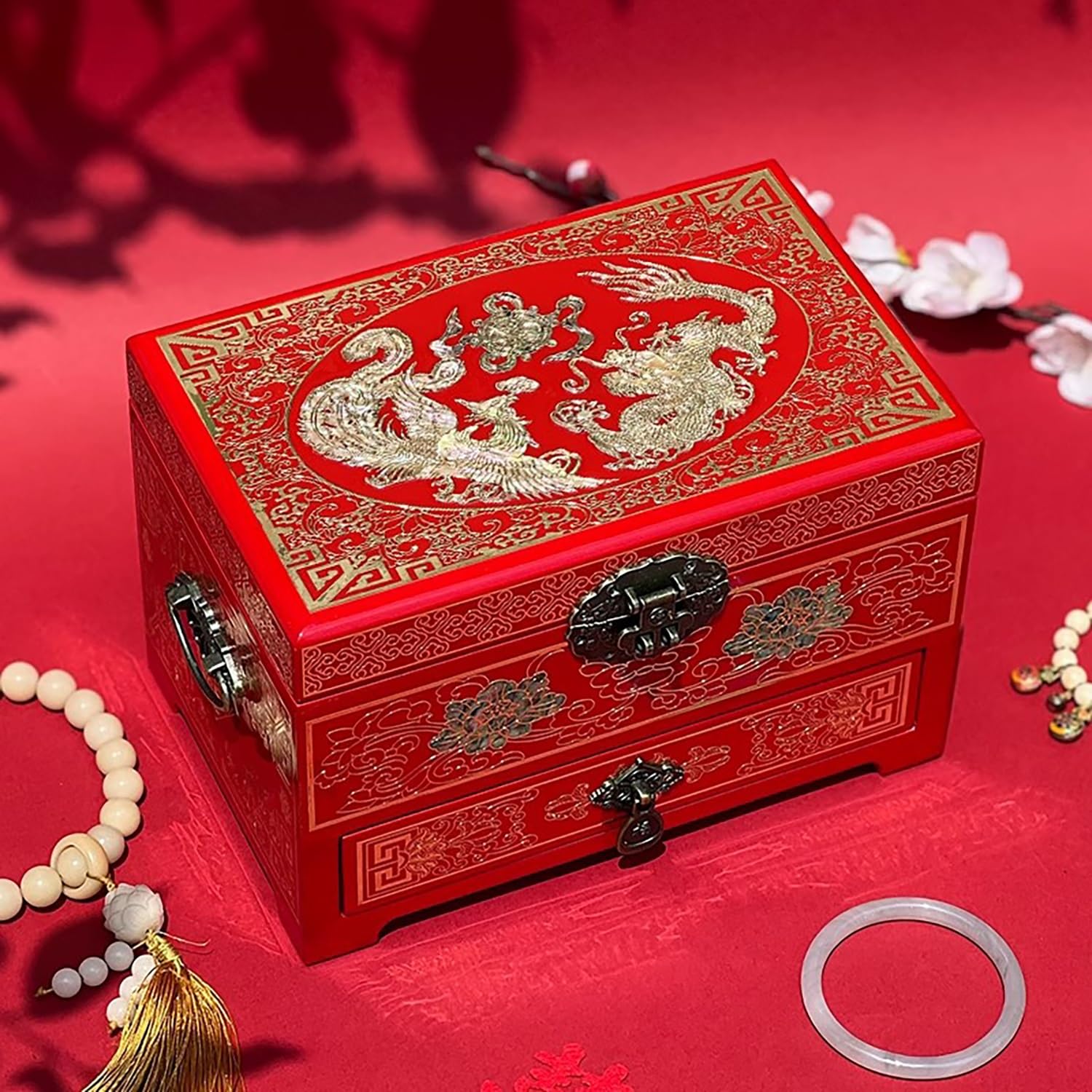 Jewelry Box With Mother Of Pearl Inlay - Handcrafted Wooden Collector's Case For Jewelry Storage - Vintage Lacquerware With Copper Filigree（Small, Medium, Large）(Red,Medium)