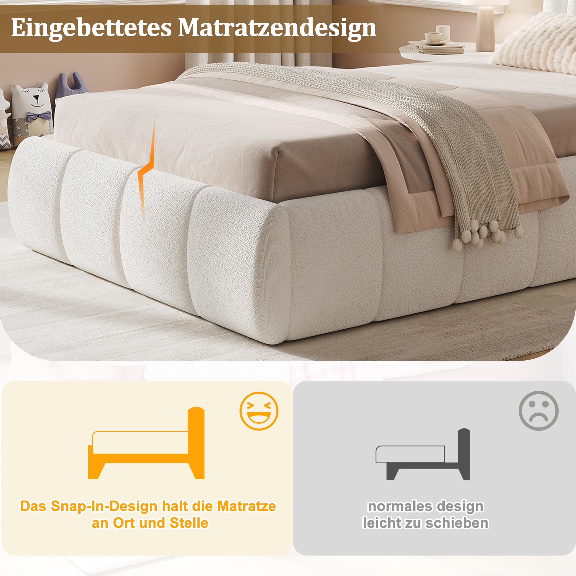 Mrwoo Polsterbett 90x200 cm mit Hydraulikfunktion und Großem Stauraum, Einzelbett mit Kopfteil, Kinderbett, Stauraumbett, Bouclé, Beige-B(Ohne Matratze)