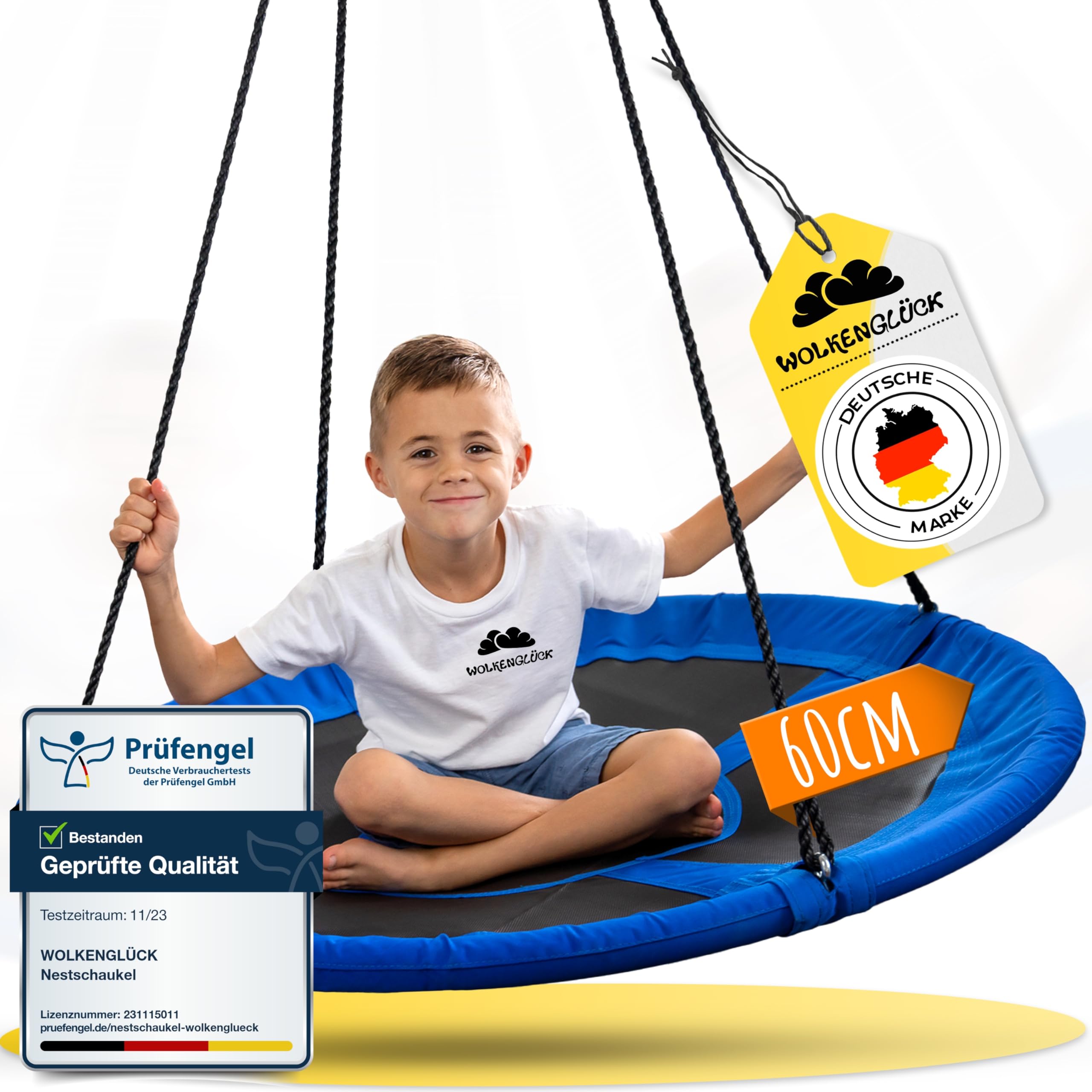 WOLKENGLÜCK® Nest Swing [Diameter 60 cm] - Height-Adjustable Swing Outdoor & Indoor for Children and Adults (max. 150 kg) - Plate Swing Including Mounting Accessories [Blue]