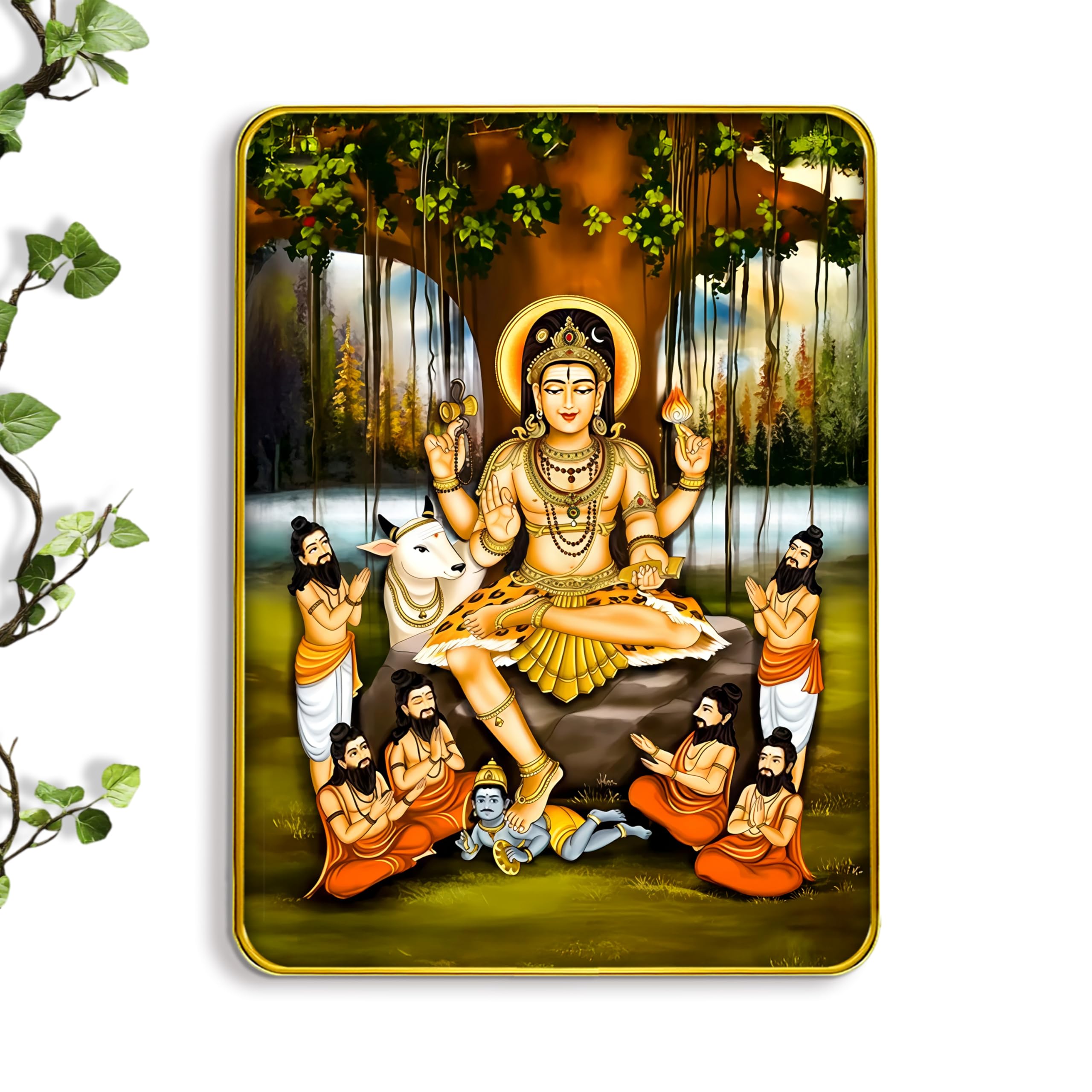 Rousrie Dakshinamurthy Photo With Golden Frame | Dakshina Murthy Idol Painting For Wall Decor (Size 9 X 12 Inch) (Design 1)