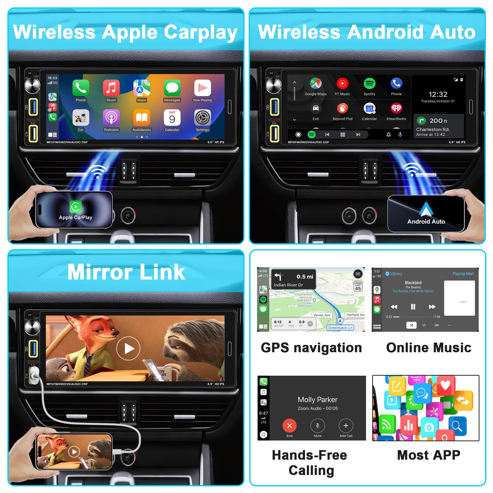 Autoradio 1 DIN Bluetooth Autoradio Car Play Voiture avec sans Fil Car Play & Android Auto,6.9 Pouces HD Écran Tactile,Radio FM/Charge Rapide/Microphone/Type C/Caméra de recul
