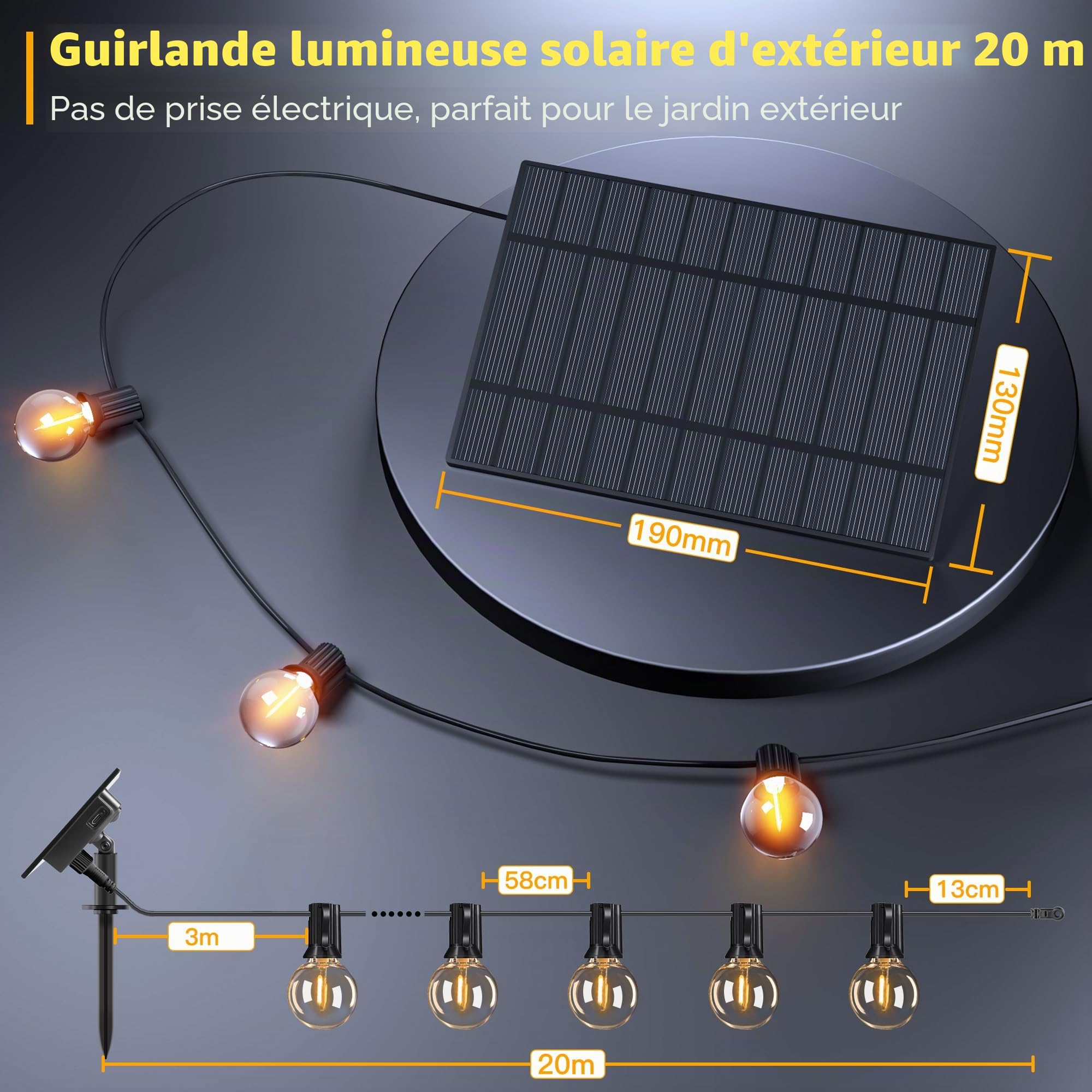 Guirlande lumineuse solaire d'extérieur 20 m avec 30 + 2 ampoules LED, éclairage solaire G40 avec télécommande, 3 modes d'éclairage et fonction minuterie, étanche IP65, pour jardin, balcon, décoration