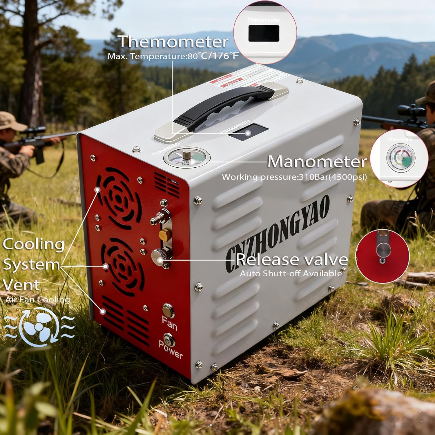 PORTAIR 4500PSI Portable HPA Compressor,Auto-Stop, Oil/Water-Free, Built-in Power Converter PCP Air Compressor for Air Rifle, Scuba Tank, Powered by Car Battery 12V DC or Home 110V AC (Grey) - Image 6