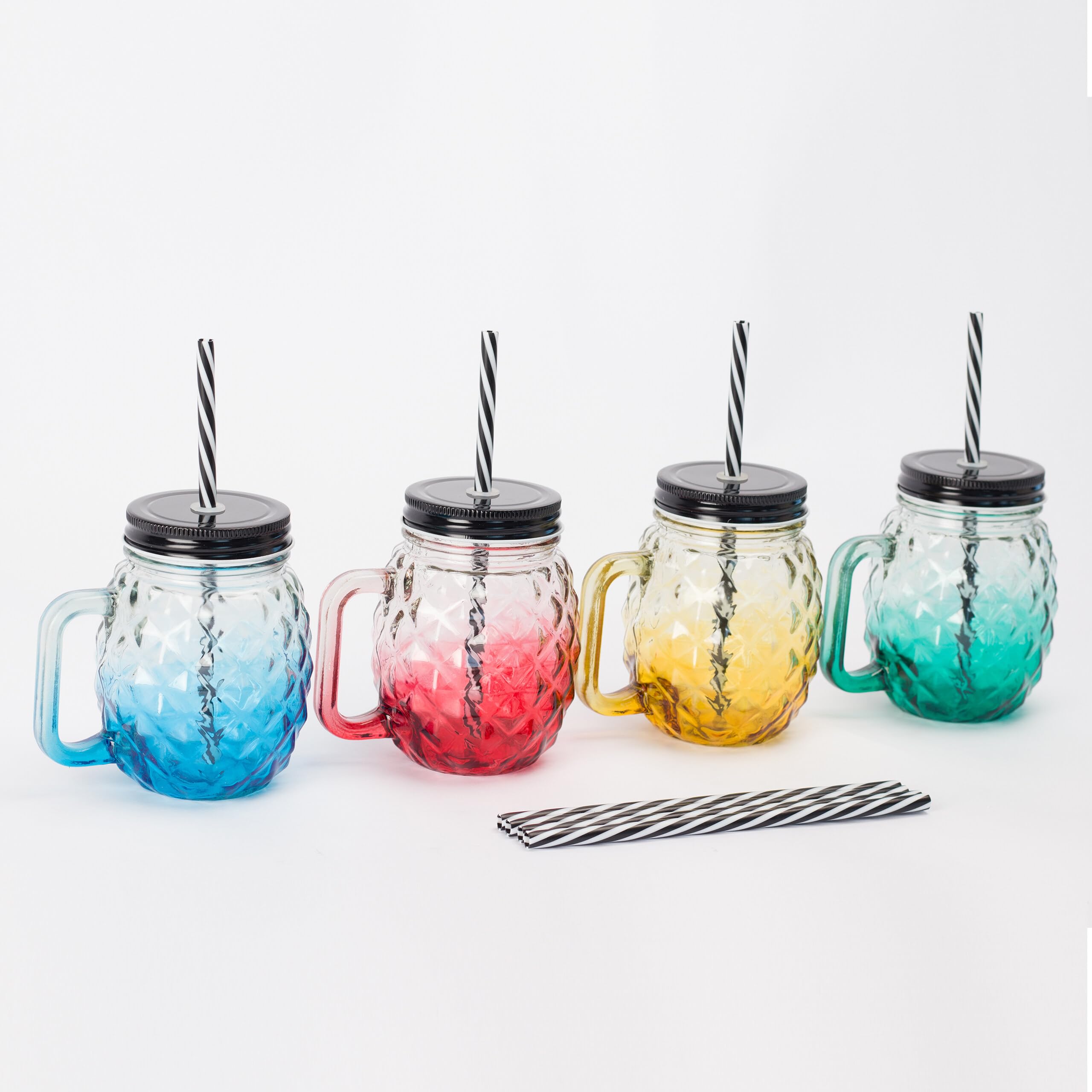 Relaxdays Bicchieri in Vetro con Coperchio, Cannuccia, Manico, Design Ananas, Chiusura a Vite, Set 4x500ml, Multicolore