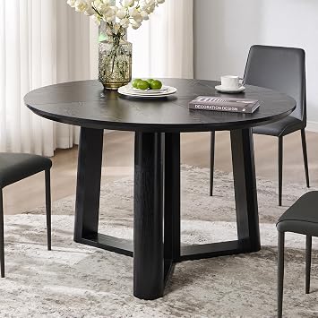 OKD 47" Dining Table for 4-6, Round Dining Room Table with Triangular Structure Pedestal Stable Base, Curved Table Edge, Circle Kitchen Tables for Dining Room, Kitchen, Black Oak