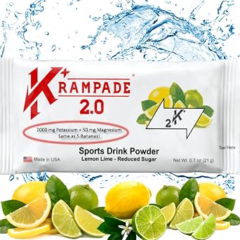 Krampade High Potassium Electrolytes Powder Half Sugar Lemon Lime, 2000mg Potassium, 50mg Magnesium, 3950mg Electrolytes, Cramp Relief, Cellular Hydration, 20 Packets