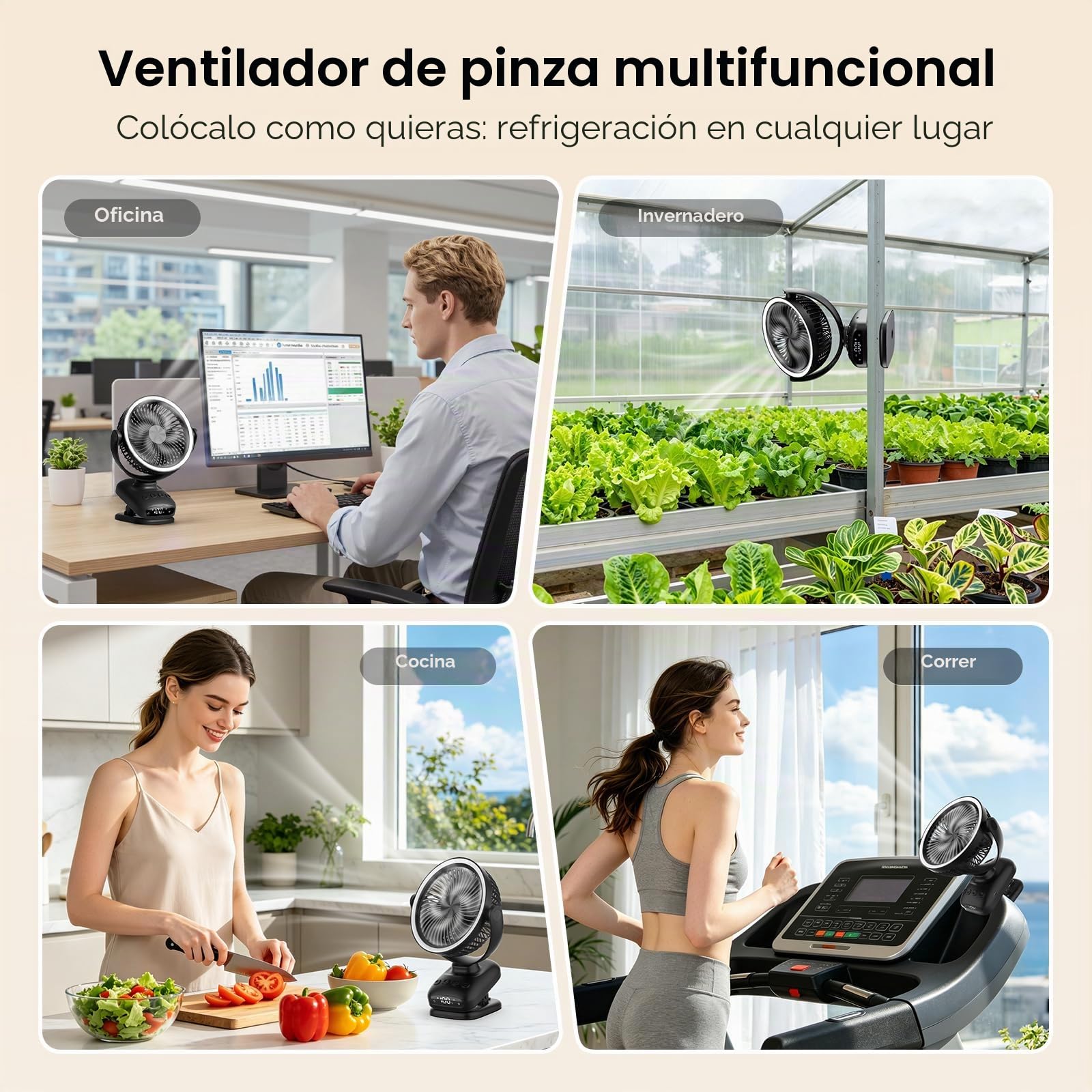 WUQNGI Mini Ventilador Portatil, 10000mAh USB Ventilador Silencioso, Pequeños Ventilador de Mesa con Pinza y Temporizador, Oscilación Automática, Luces LED para Coche Carro Bebe Autocaravana Camping