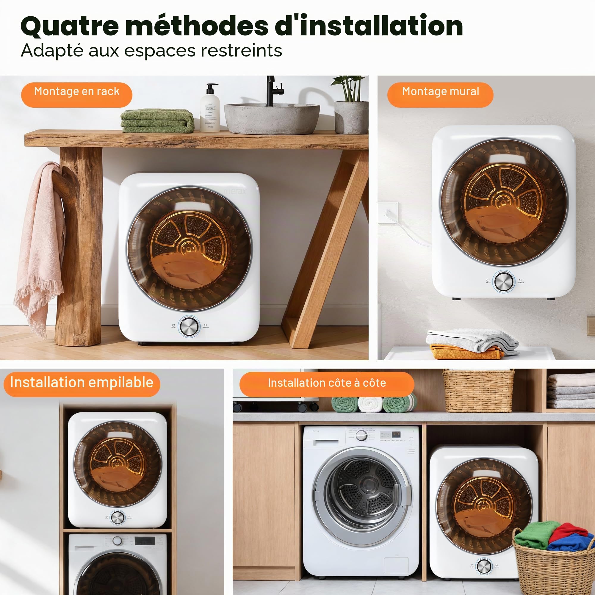 Merax Mini sèche-linge 3kg sèche-linge à évacuation 1350W, sèche-linge à condensation compact avec 8 programmes & capteur NTC, 65dB silencieux, montage mural possible, double filtre, 53,5×42×65cm