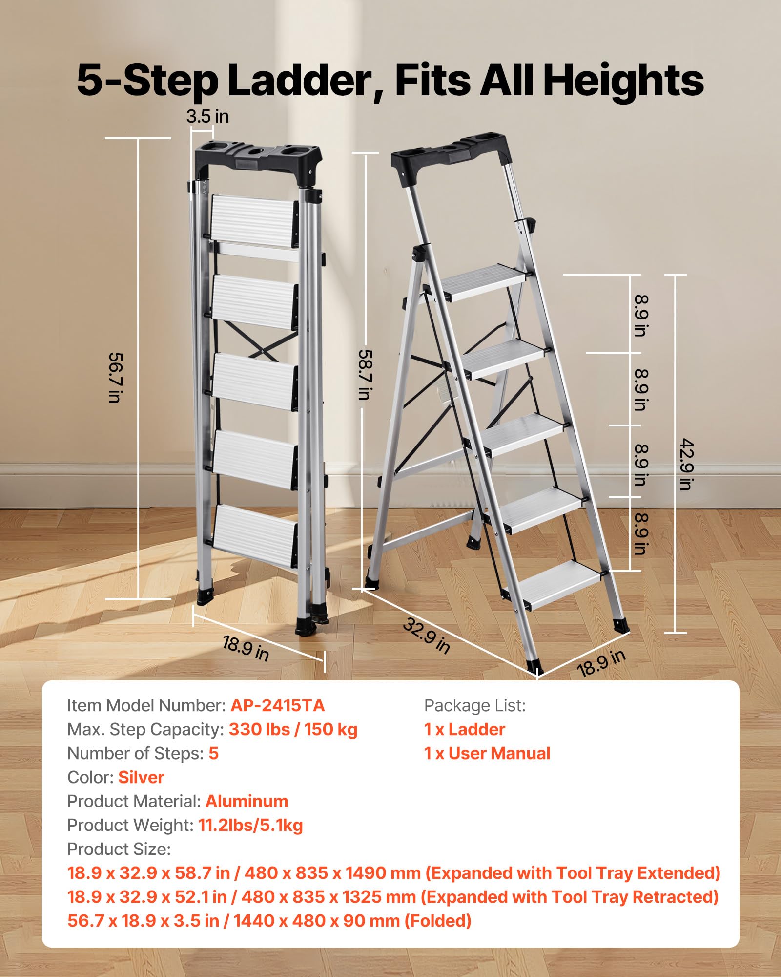 VEVOR Escalera de Aluminio Plegable 5 Peldaños, Escalera de Tijera con Pedal Antideslizante y Empuñadura Cómoda, Capacidad de 150 kg, Taburete Multifuncional para Cocina, Almacén, Hogar, Oficina