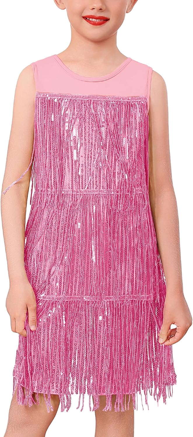 ODASDO Girls Latin Dance Dress Tassel Fringe Sparkly Sequin Sleeveless Short Ballroom Dresses Jazz Cha Cha Salsa Dancewear