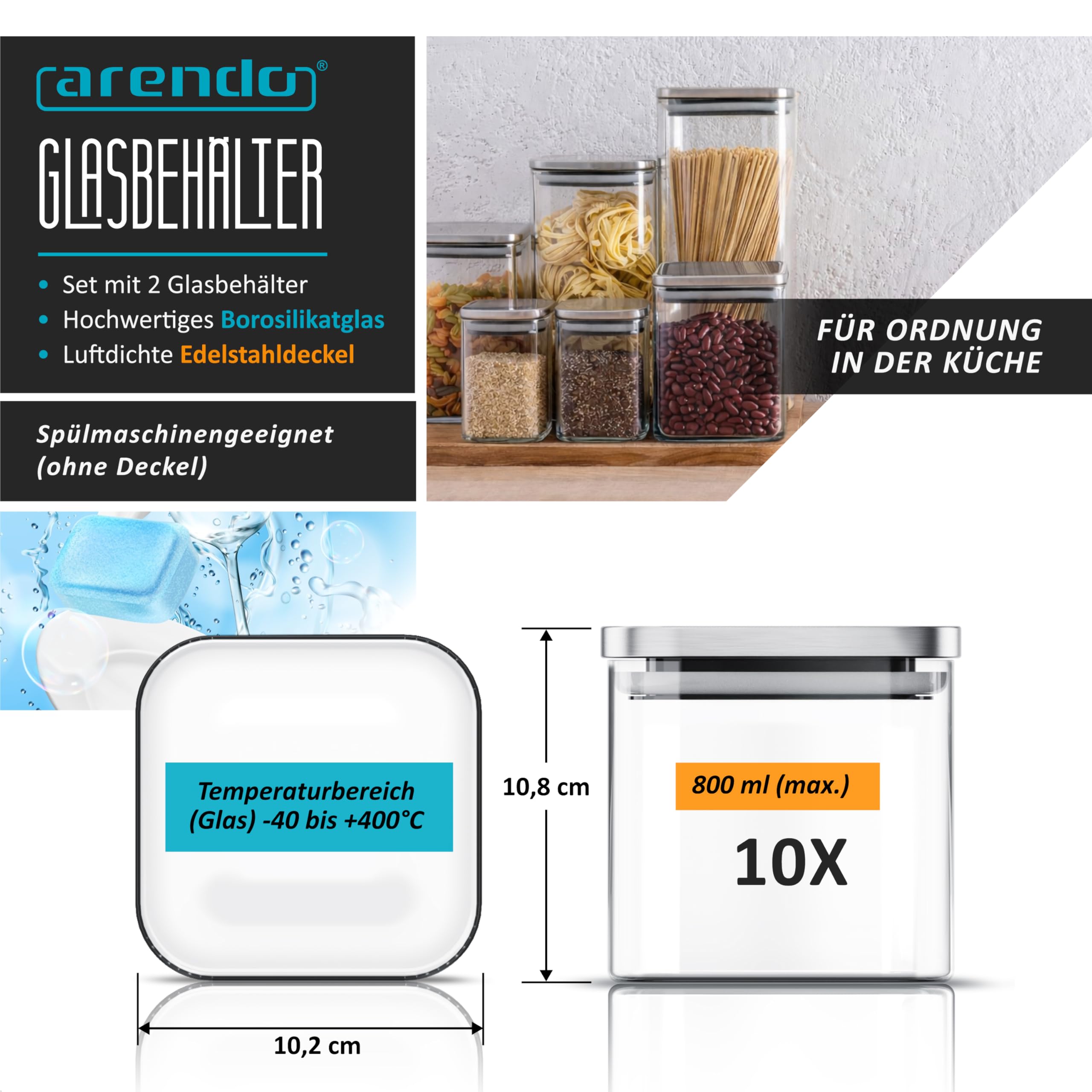 Arendo - Vorratsgläser 800ml mit Deckel Edelstahl - 10er Set - Behälter aus Glas – hitzebeständig – Vorratsdosen/Vorratsbehälter mit Edelstahl Deckel - luftdicht - für Müsli Zucker Mehl Kaffee