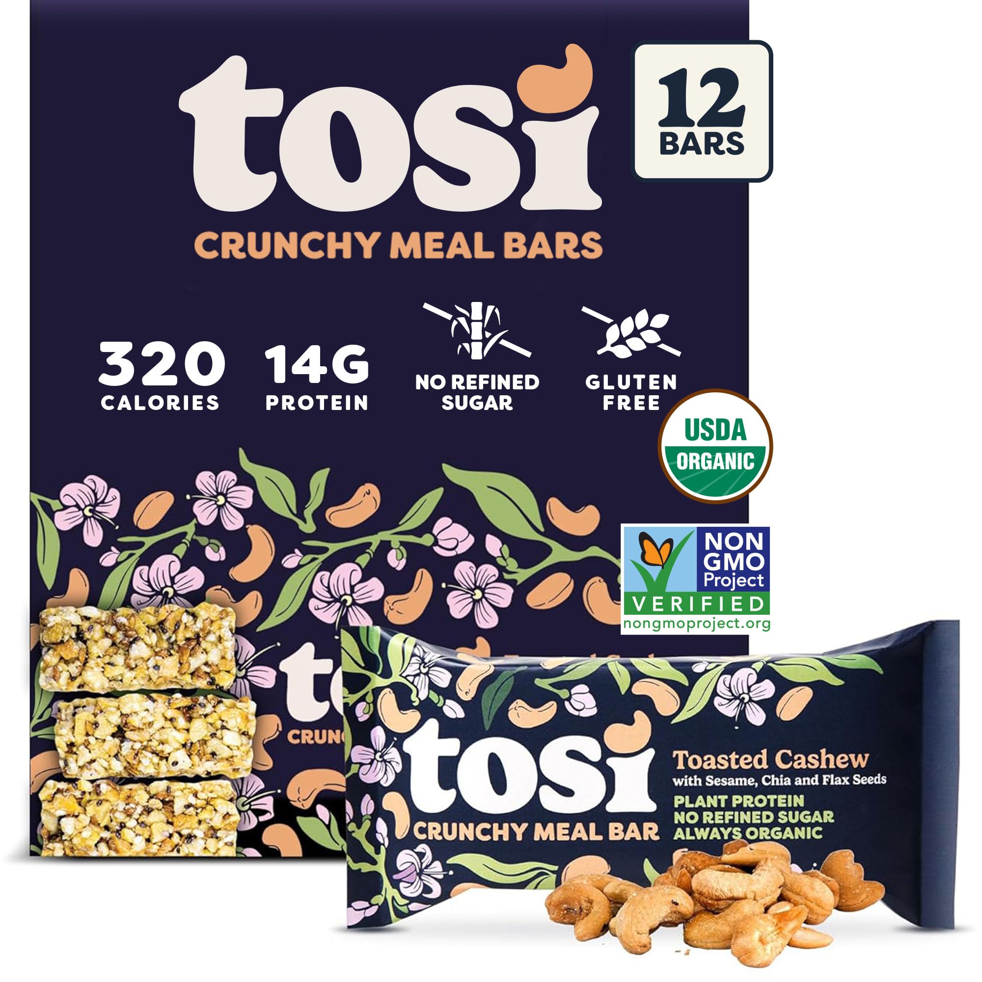 Tosi Meal Bars - Toasted Cashew, Crunchy Nut & Seed Vegan Snack Bars, 14g Plant Based Protein, Organic, Dairy, Soy & Gluten Free, Nutrient-Rich, Omega 3s, Flax and Chia Seeds, 2.4 oz, 12 Pack