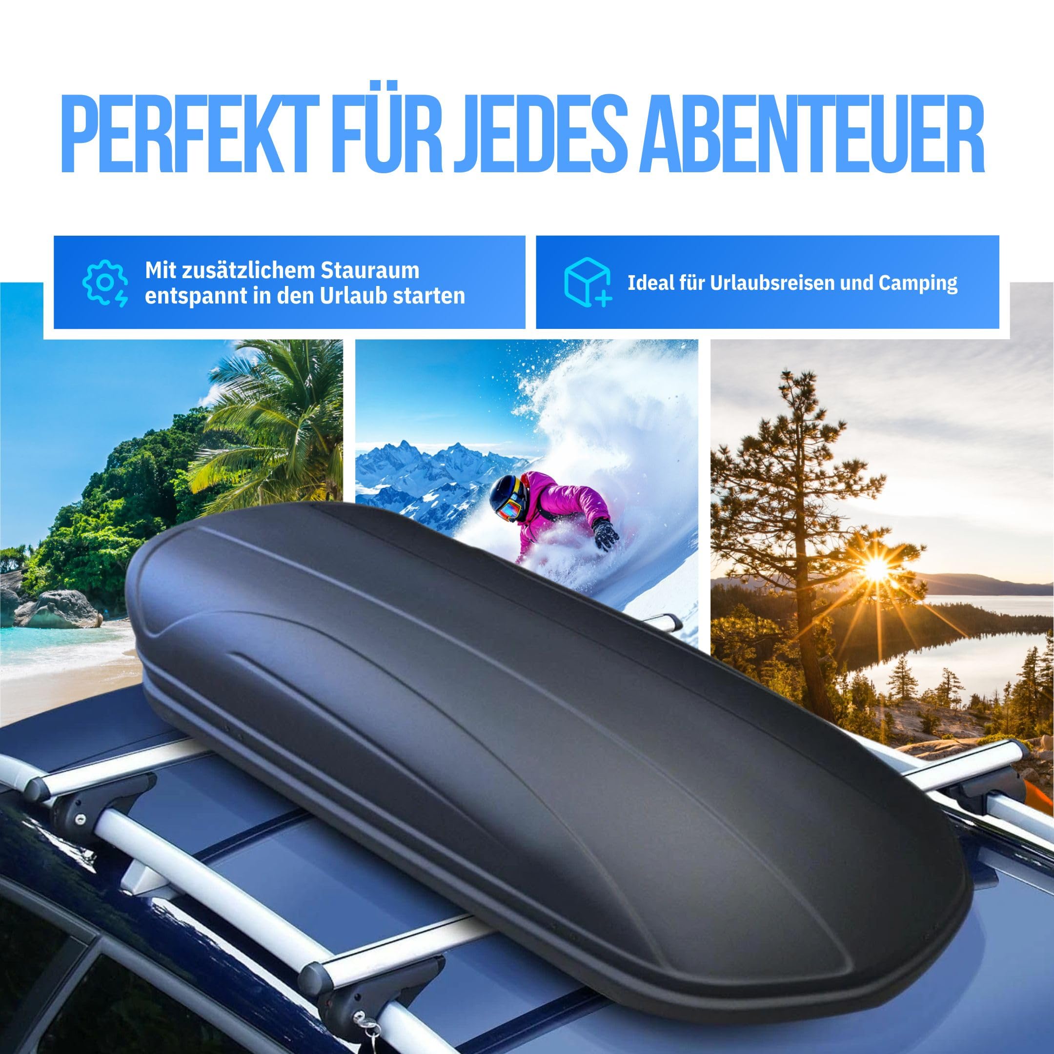 Skibox Ski Gepäckbox Dachbox Auto Dachkoffer - VDP Xtreme 500 - Volumen 500 Liter - Außenmaße: 225x83x39cm (LxBxH) - Ski und Snowboardbox - Autokoffer abschließbar