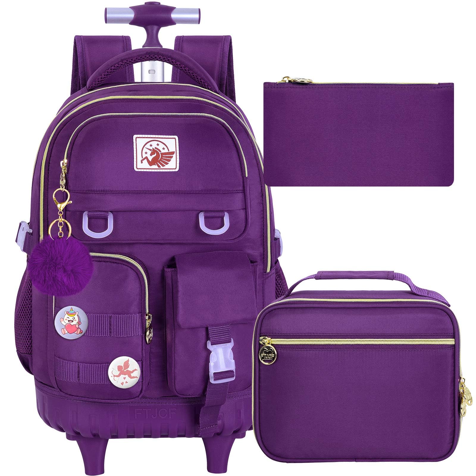 CCJPX 3PCS Rolling Backpack for Girls, Women Roller Bookbag with Lunch Box for Adults, Water Resistant Wheeled School Bag for Teens Kids Travel - Dark