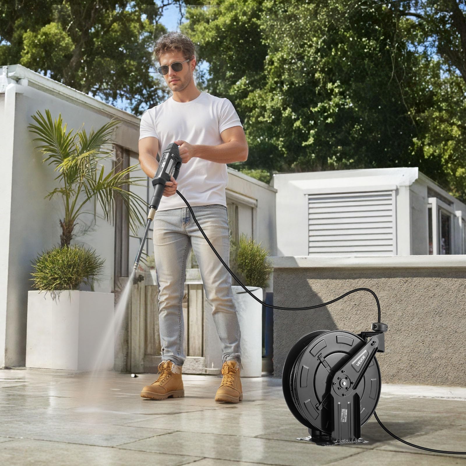 VEVOR Enrouleur de Tuyau pour Nettoyeur Haute Pression 15,2 m x 9,5 mm, Dévidoir Rétractable Acier, Montage sur Mur, Sol, Pression 275,8 bar, Enroulement Automatique pour Lavage Voiture, Sol, Jardin