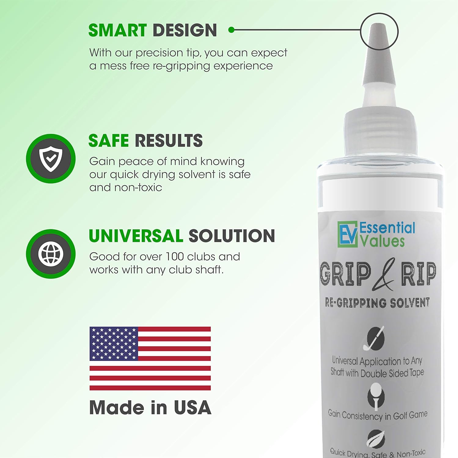 Essential Values Golf Grip Kit (8 Fl Oz) | Made in USA, Golf Solvent - Double The Solution Compared to Other Brands - Excellent for Quick & Easy Regripping of Golf Clubs