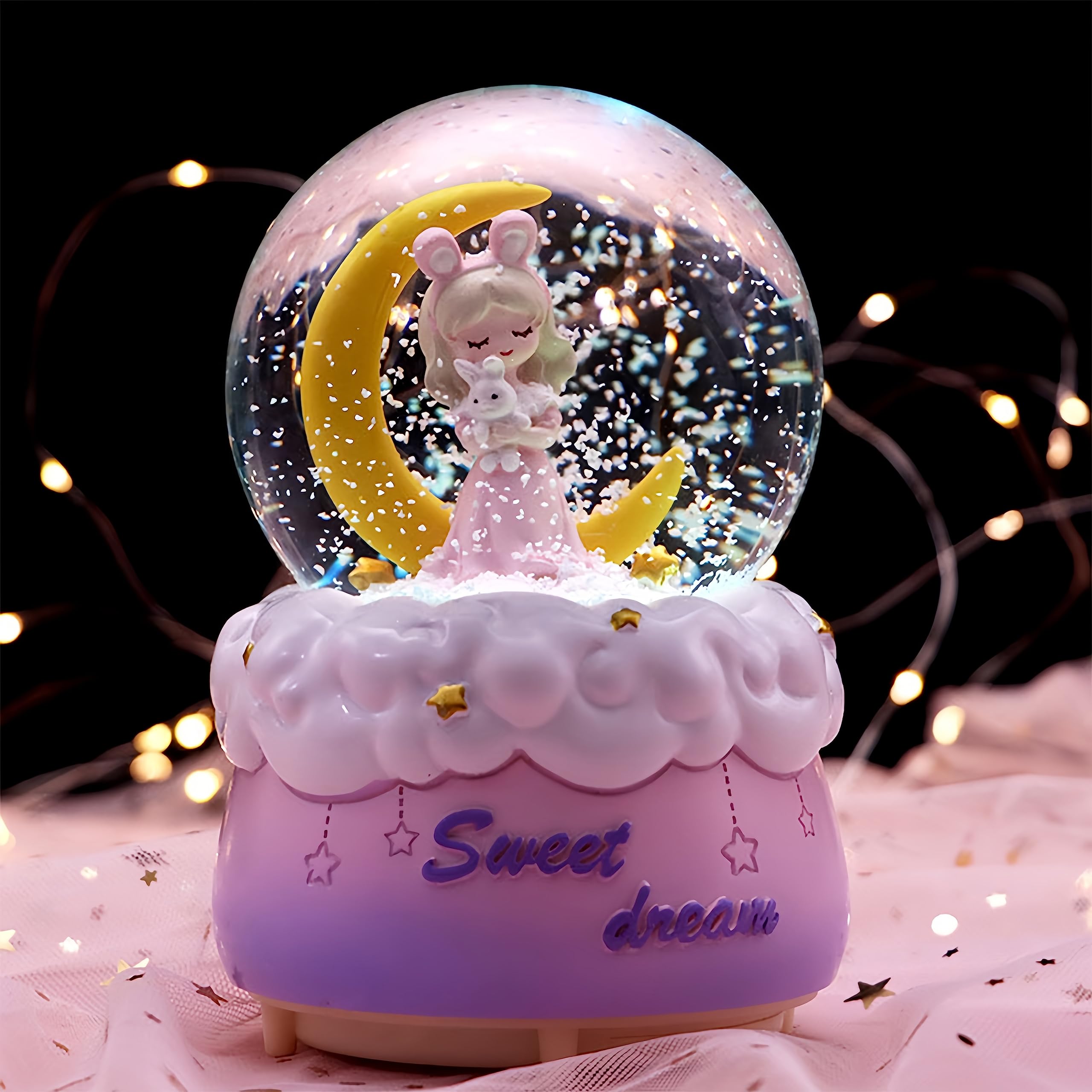 Goodern Luminous Princess Snow Globes,Eid Mubarak Ornaments Star Moon Snow Rotating Crystal Ball with LED Lights Resin Night Lamp Muslim Ramadan Gift Desktop Decoration for Festival Home Party-Purple