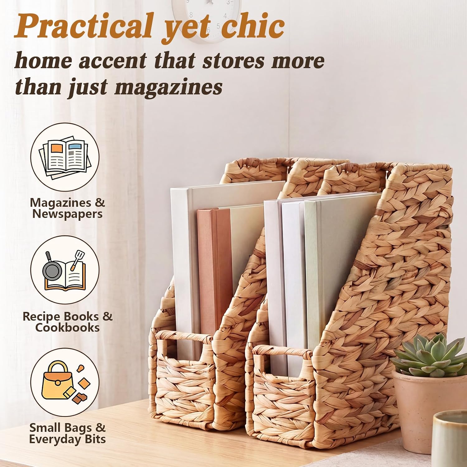 2 Pcs Handwoven Magazine File Holder 11.8'' Foldable Magazine Wicker Basket with Handle Water Hyacinth Collapsible Book Rack Storage Desk Organizer for Newspaper Boho Home Office Decor