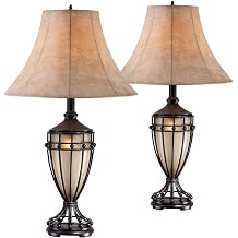 Franklin Iron Works Cardiff Traditional Rustic Urn-Shaped Table Lamps 33" Tall Set of 2 with Nightlight Brushed Iron Cage Champagne Glass Beige Fabric Bell Shade for Living Room Bedroom House