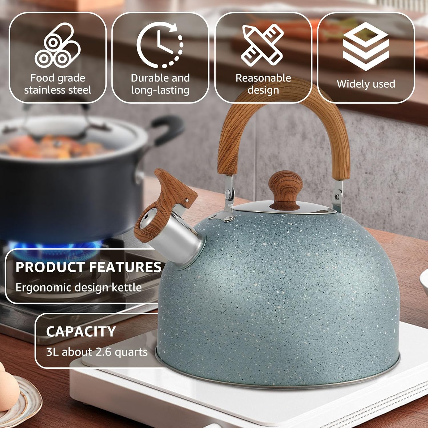 Whistling Stovetop Tea Kettle, 2.6 QT Stainless Steel Whistling Tea Kettle with Stay Cool Handle Fast Boiling Tea Pot Large Capacity Teapot Stovetop Water Boiler for Stove Top Home Kitchen
